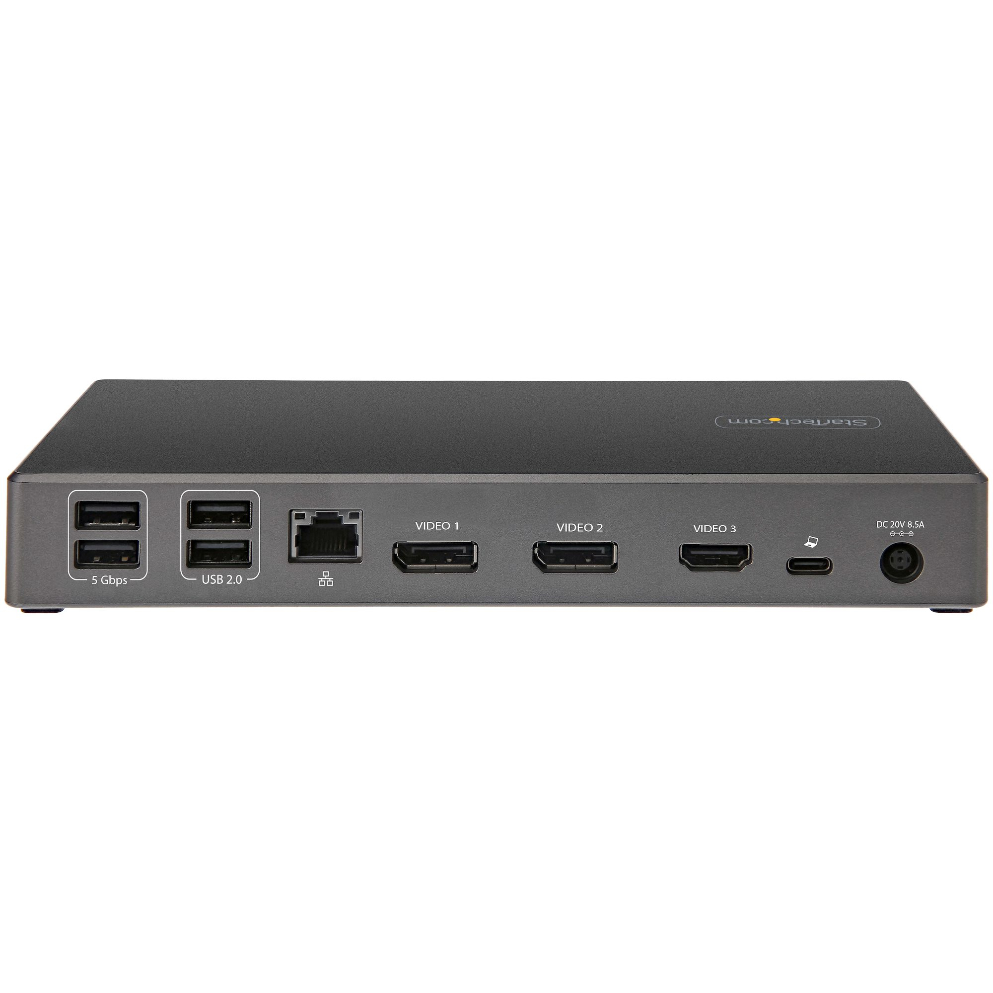 Dispositivo de interfaz negro con múltiples puertos para video, USB y Ethernet.