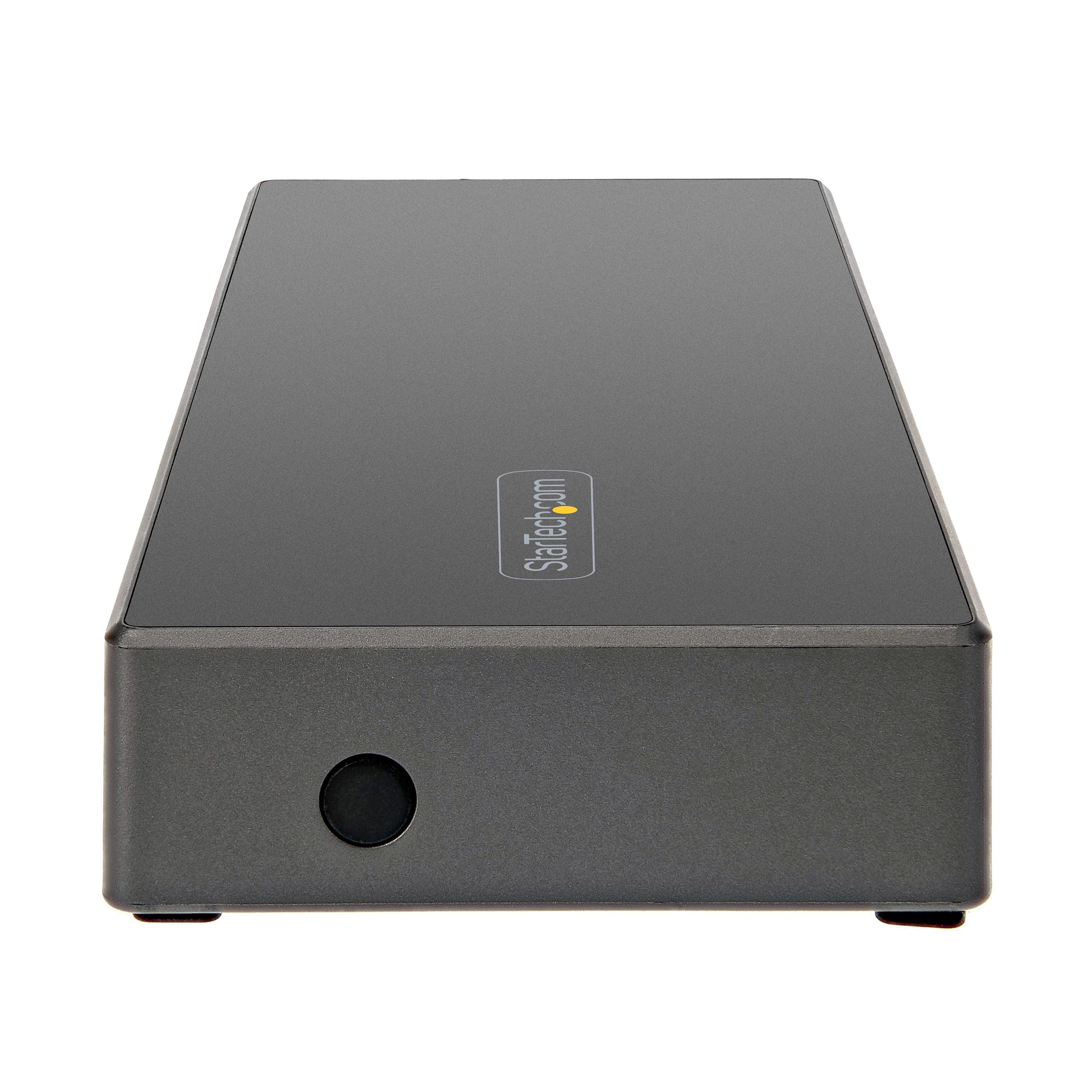 Disco duro externo negro con bordes redondeados. La marca, Startech.com, está impresa en la parte superior.