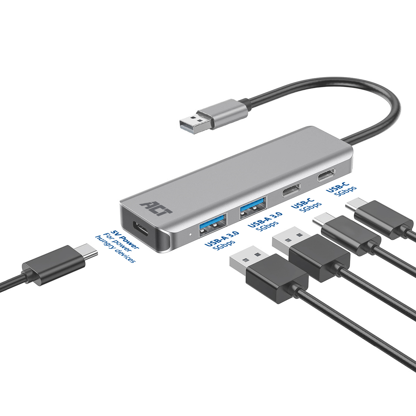 Hub USB argentato con più porte e cavi collegati.