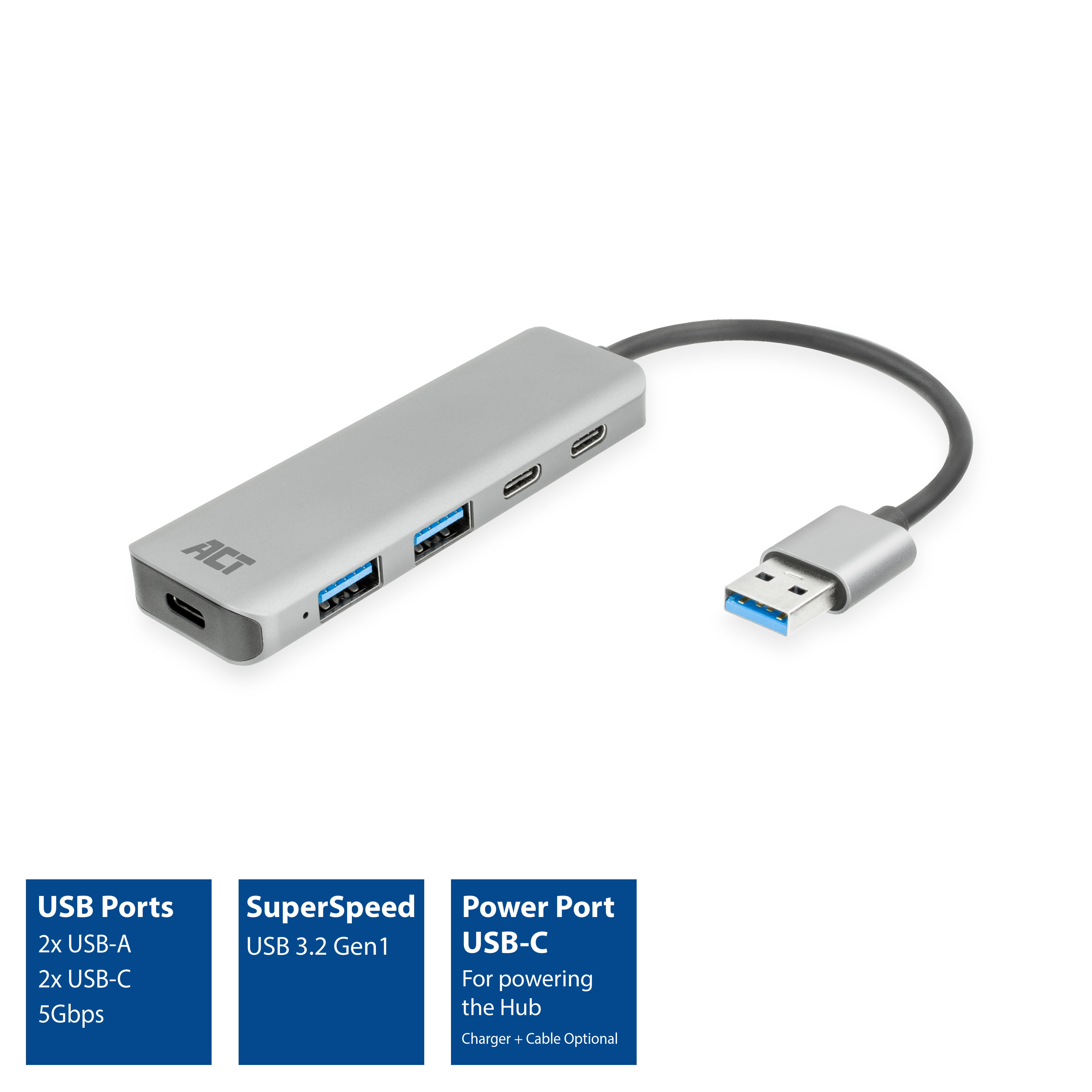 Hub USB argento con più porte USB e una porta di alimentazione USB-C.