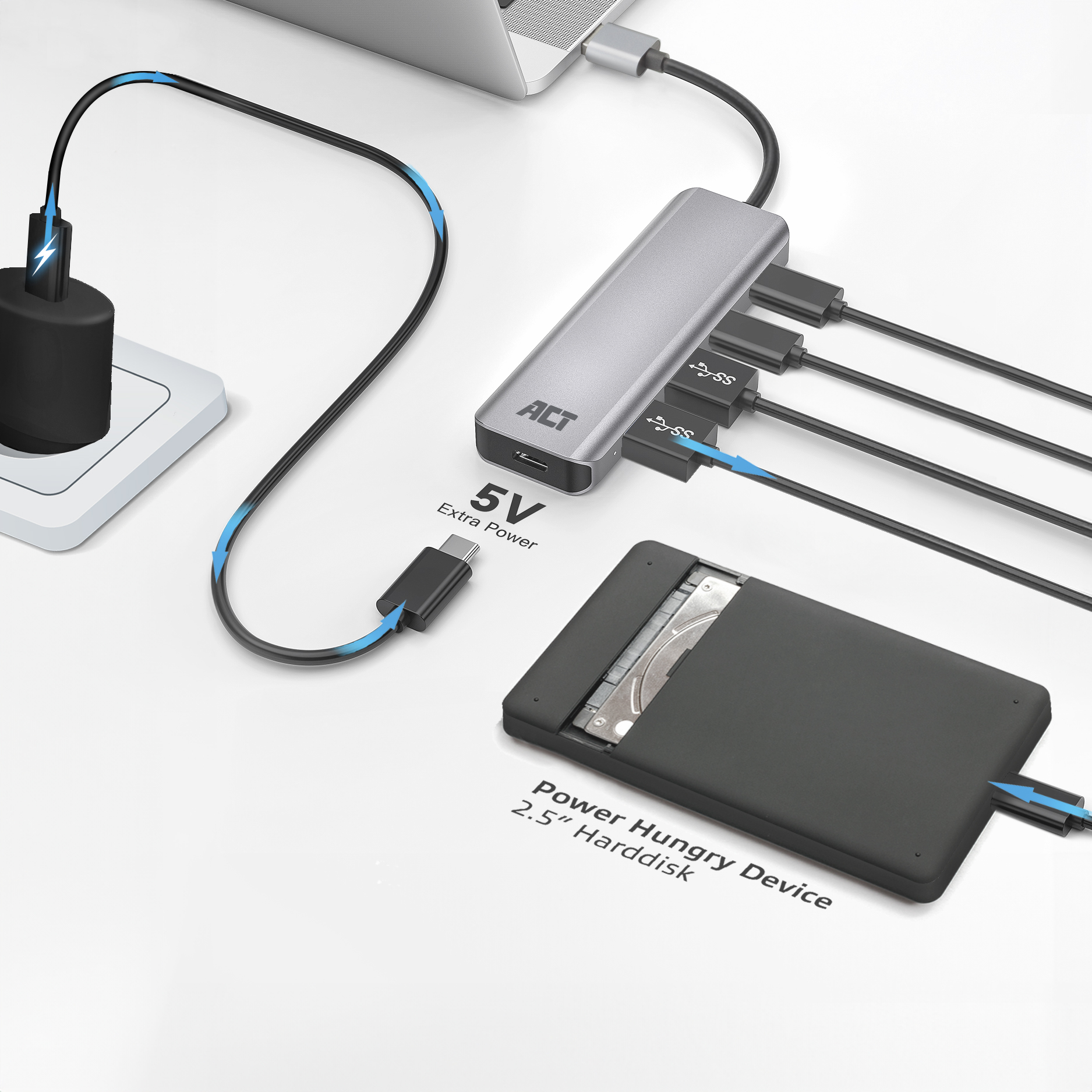 Un hub ACT argentato con porte USB collegato a un laptop, un disco rigido nero e un adattatore di alimentazione.