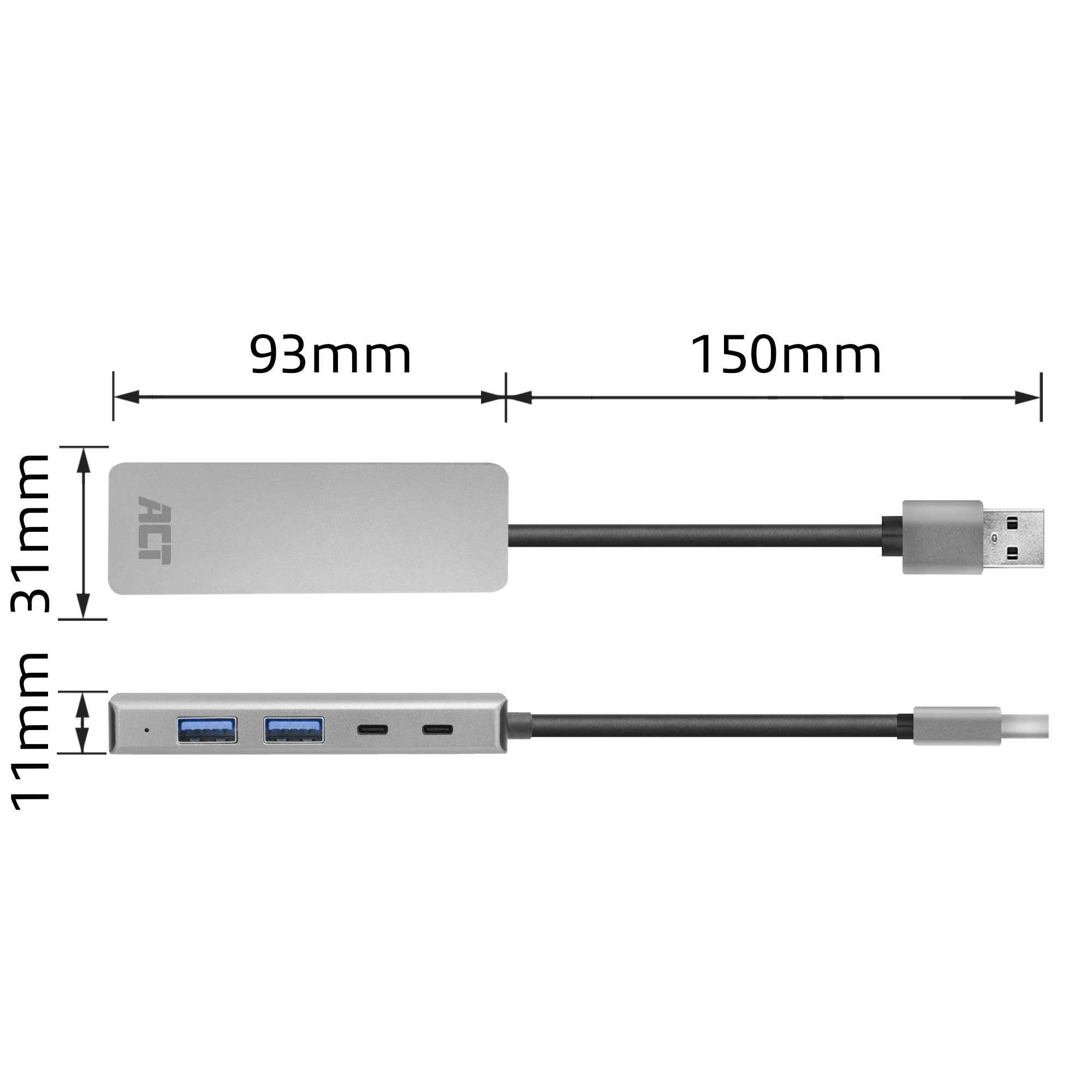 Hub USB argentato con dimensioni: 93 mm, 150 mm, 31 mm e 11 mm. Cavo e connettore neri.