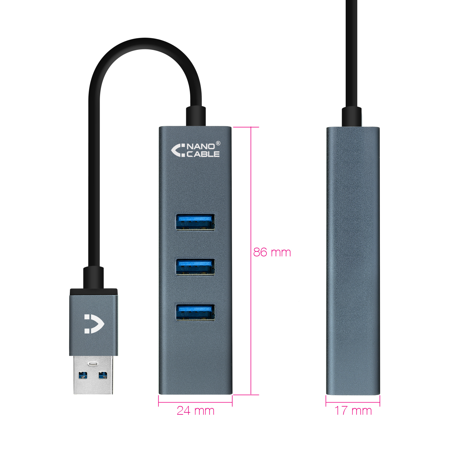 Un hub USB grigio con tre porte, un connettore USB e un cavo nero.