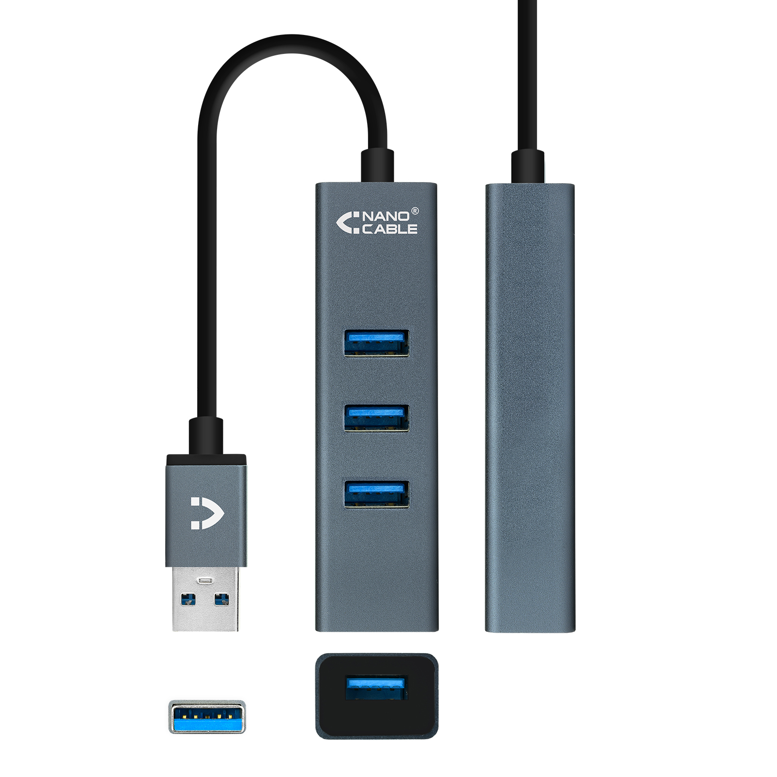 Un hub USB grigio con quattro porte USB, un connettore USB e un logo del marchio Nano Cable.