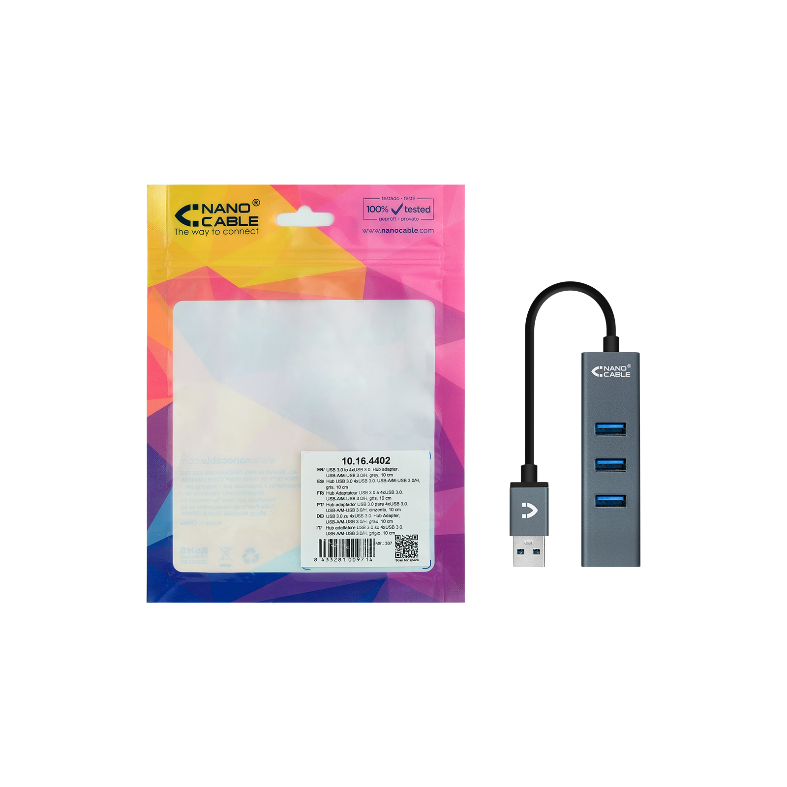 Hub USB e cavo con confezione su sfondo bianco.