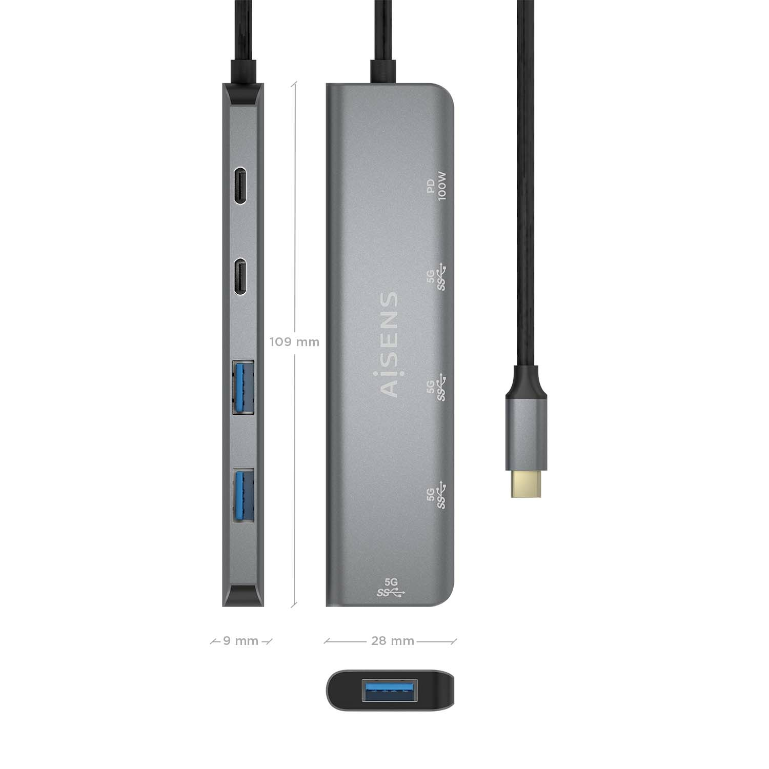 Hub USB grigio con più porte, incluso USB-C. Dimensioni ed etichette visibili.