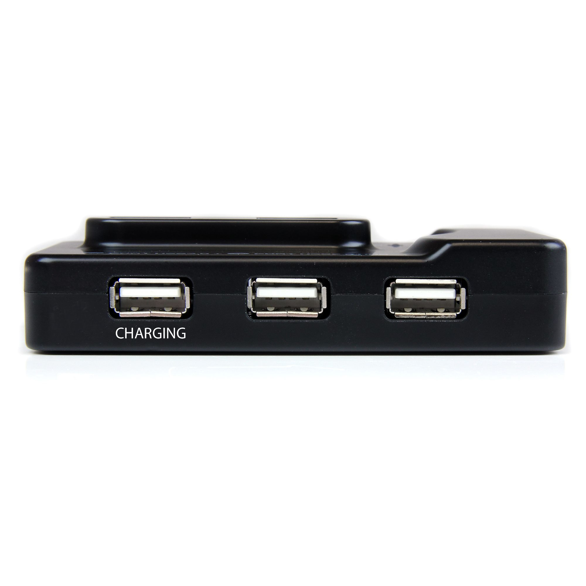 Un hub di ricarica nero con tre porte USB etichettate 'CHARGING'.