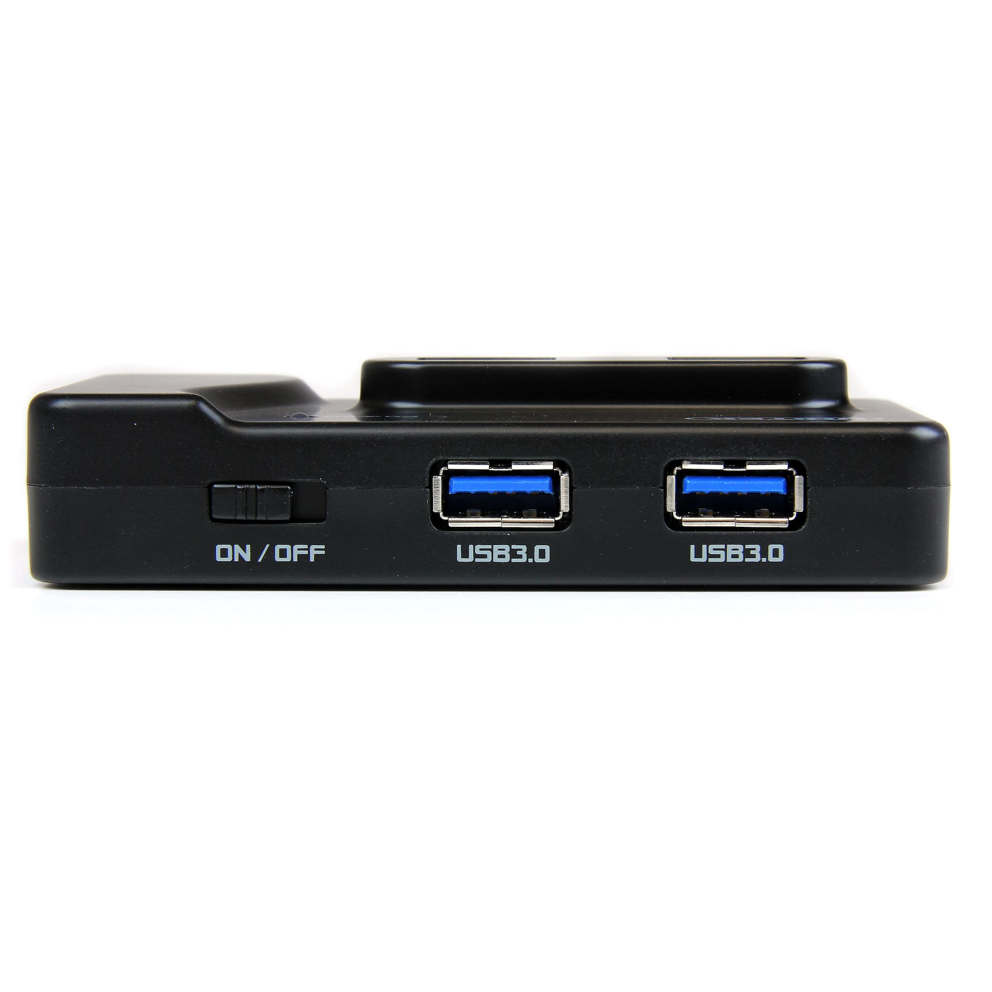 Un hub USB nero con due porte USB 3.0 e un pulsante di accensione/spegnimento. Il marchio non è visibile.