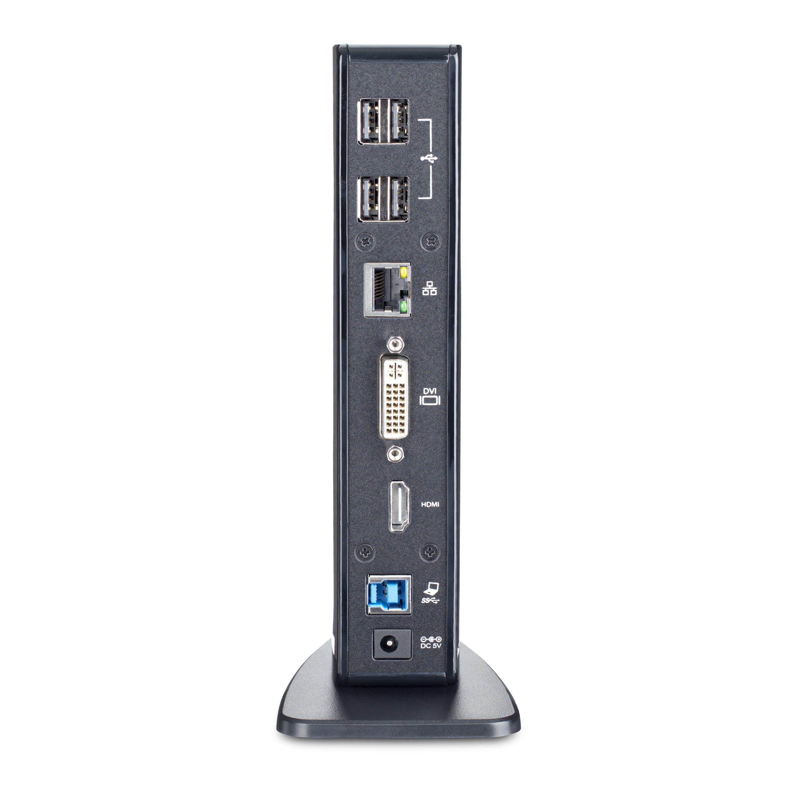 Un hub negro con varios puertos: USB, HDMI, DVI y Ethernet. Los puertos se muestran en detalle.