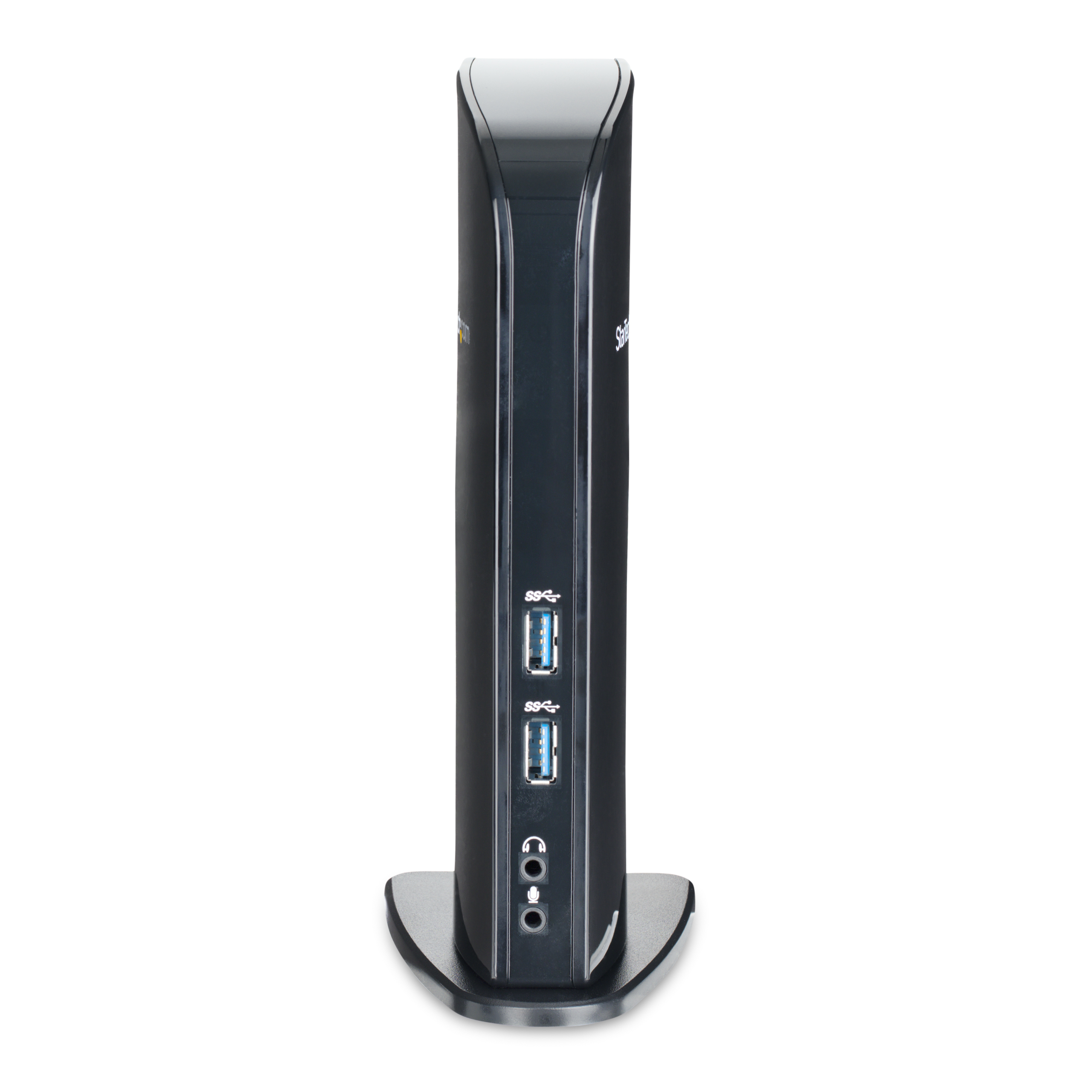 Estación de acoplamiento vertical negra con puertos USB y conectores de audio. Base negra.