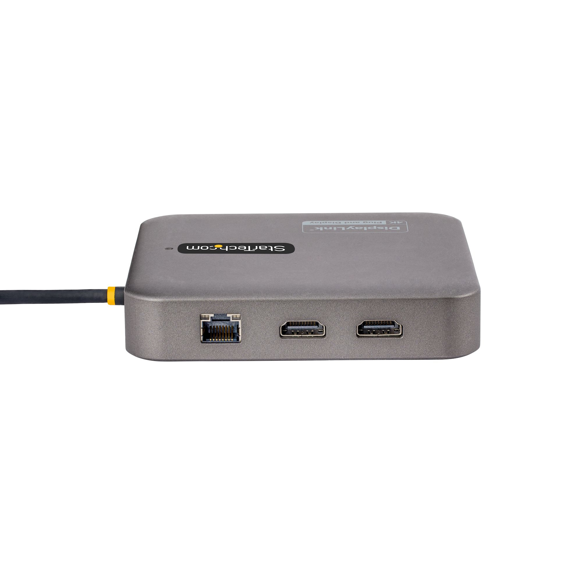 Grauer Multiport-Adapter mit HDMI- und Ethernet-Anschlüssen.