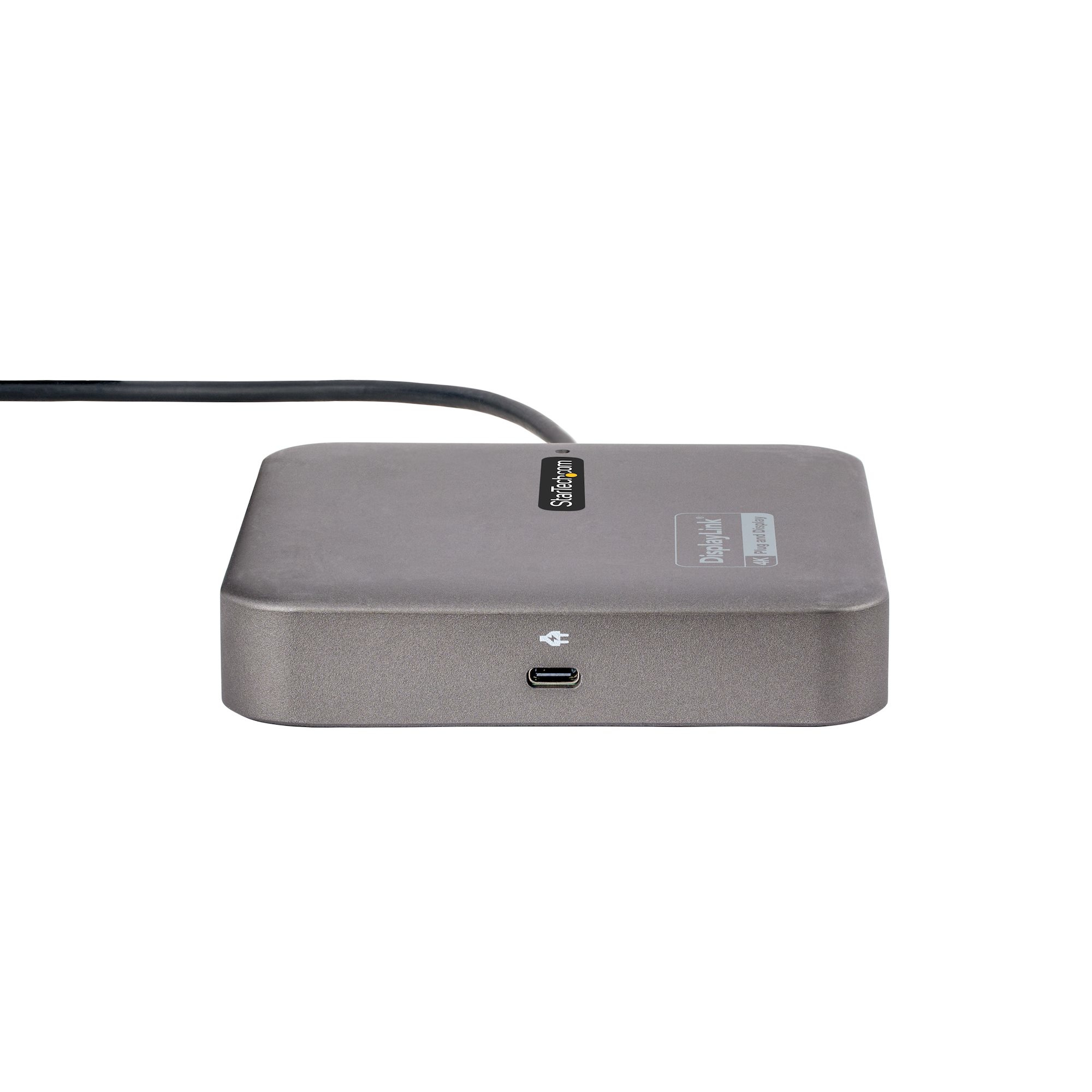 Graues, rechteckiges Gerät mit schwarzem Kabel. Es hat einen USB-Anschluss und das StarTech-Logo oben.