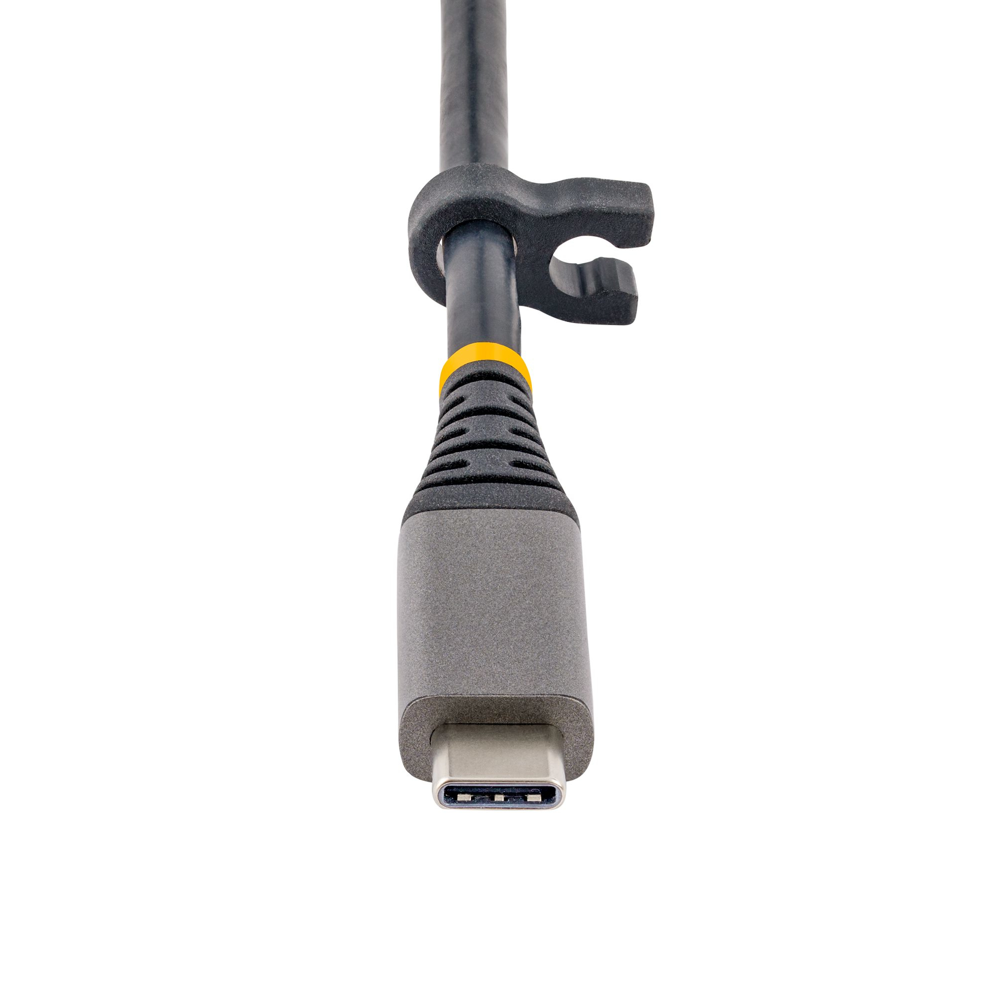 Ein USB-C-Kabel mit schwarzem Clip. Der Stecker ist grau mit gelbem Akzent.
