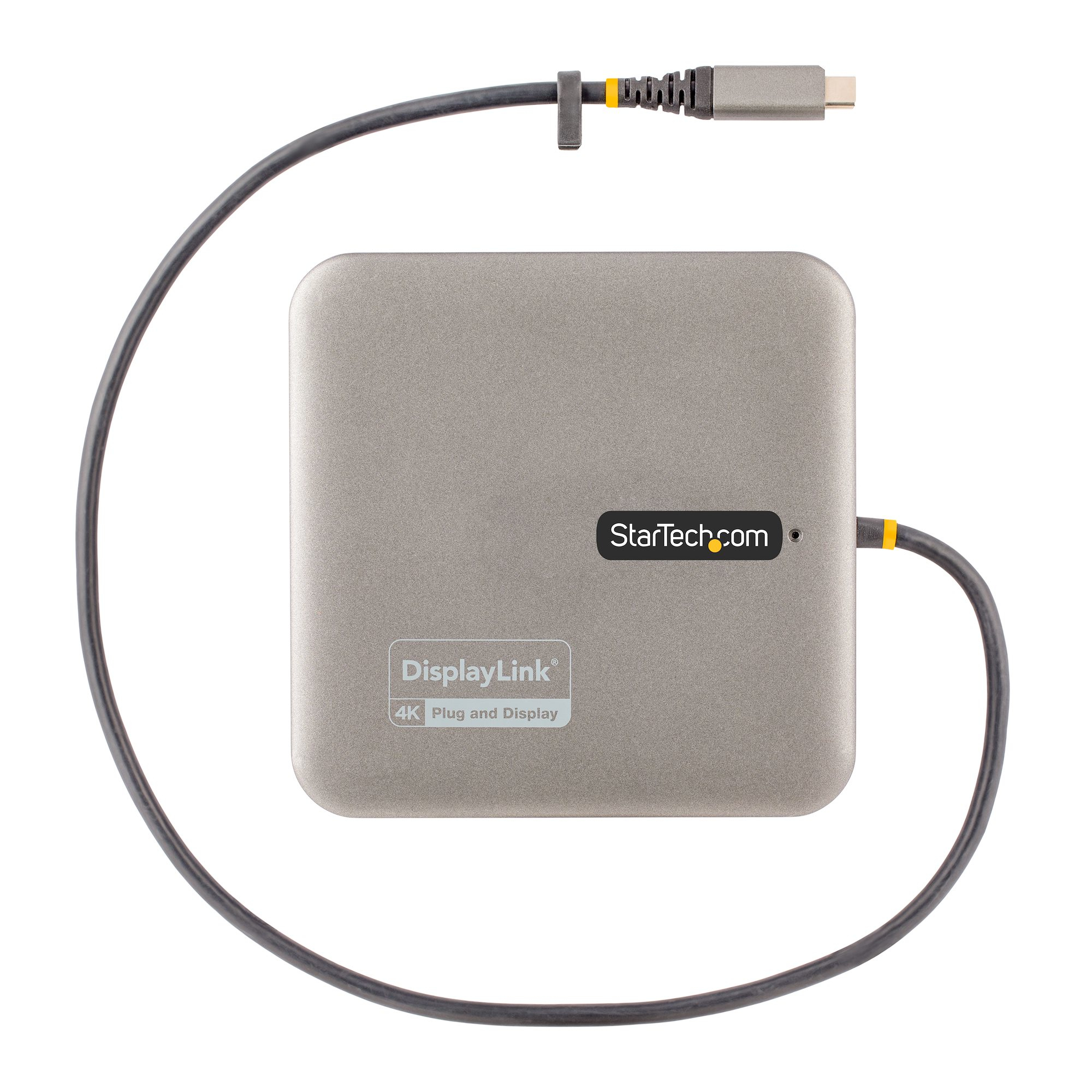 Silbernes quadratisches Gerät mit angeschlossenem Kabel, beschriftet mit DisplayLink und Startech.com Logo.