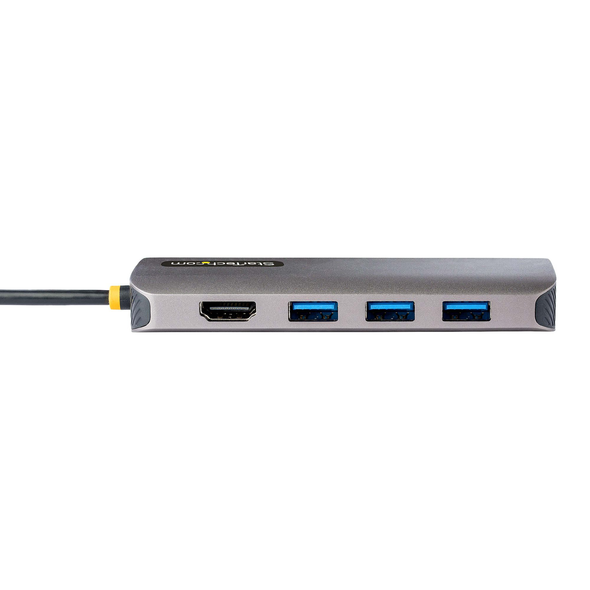 Hub USB gris con HDMI, puertos USB. Texto: 'Startech.com'.