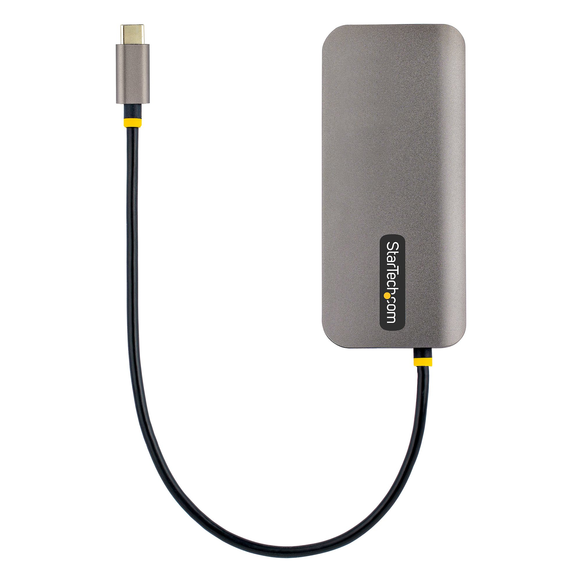 Un cable adaptador USB-C gris con un acento amarillo, conectado a un dispositivo gris.