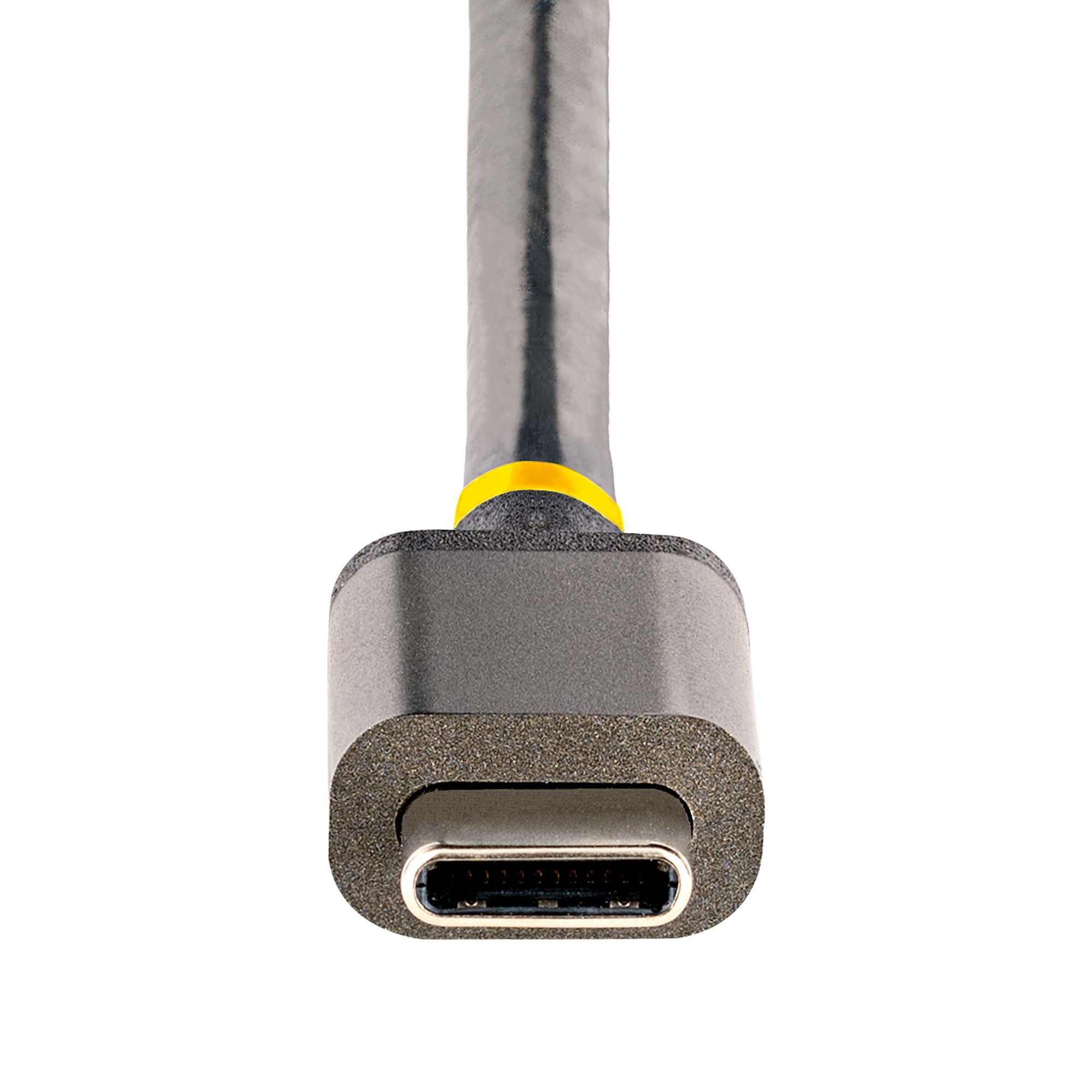 Conector de cable USB-C. Es gris, con un acento amarillo y punta metálica.