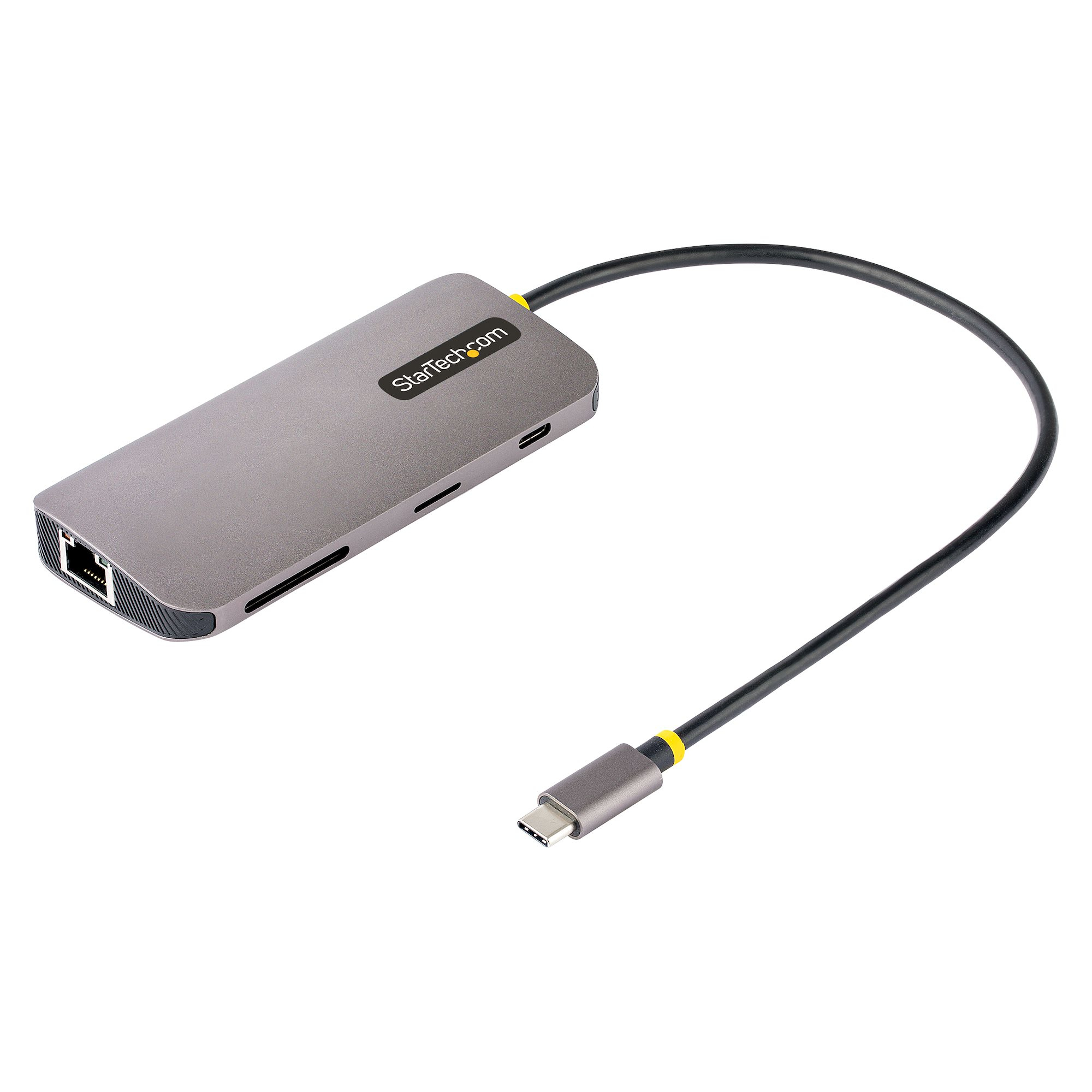 Adaptador multipuerto USB-C StarTech.com, gris, con puertos y cable USB-C adjunto.