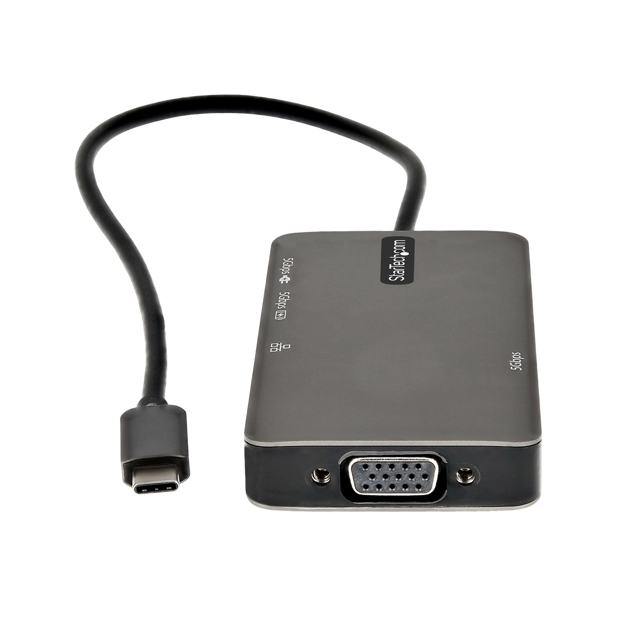 Concentrador USB-C gris con cable USB-C y puerto VGA. Fondo blanco.