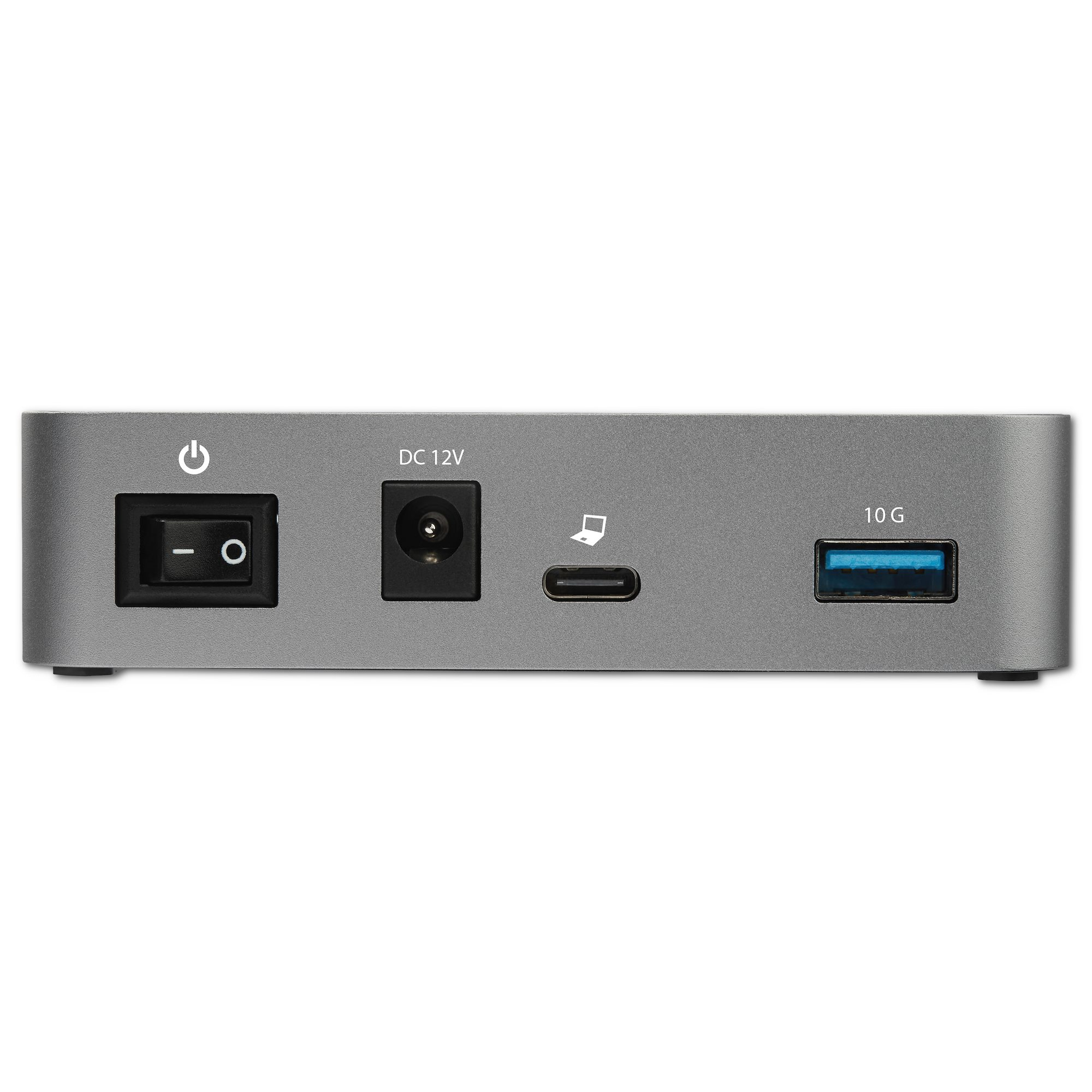 Graues Gerät mit Strom-, Gleichstrom- und USB-Anschlüssen sowie einem Laptop-Symbol.