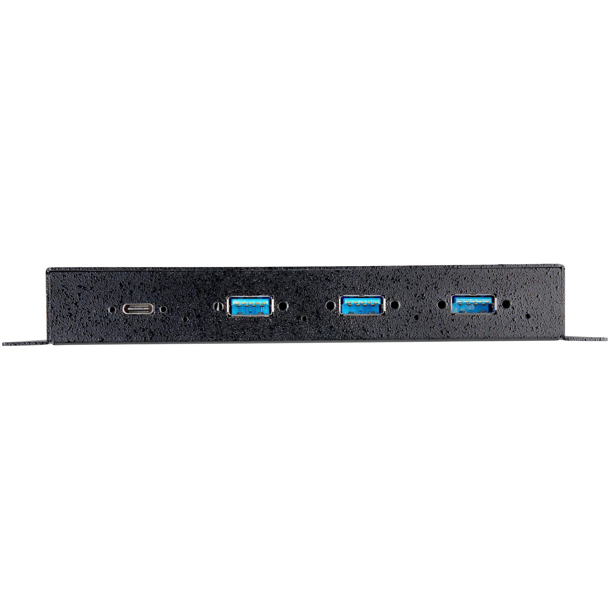 Dispositivo negro con varios puertos USB, vista de cerca.