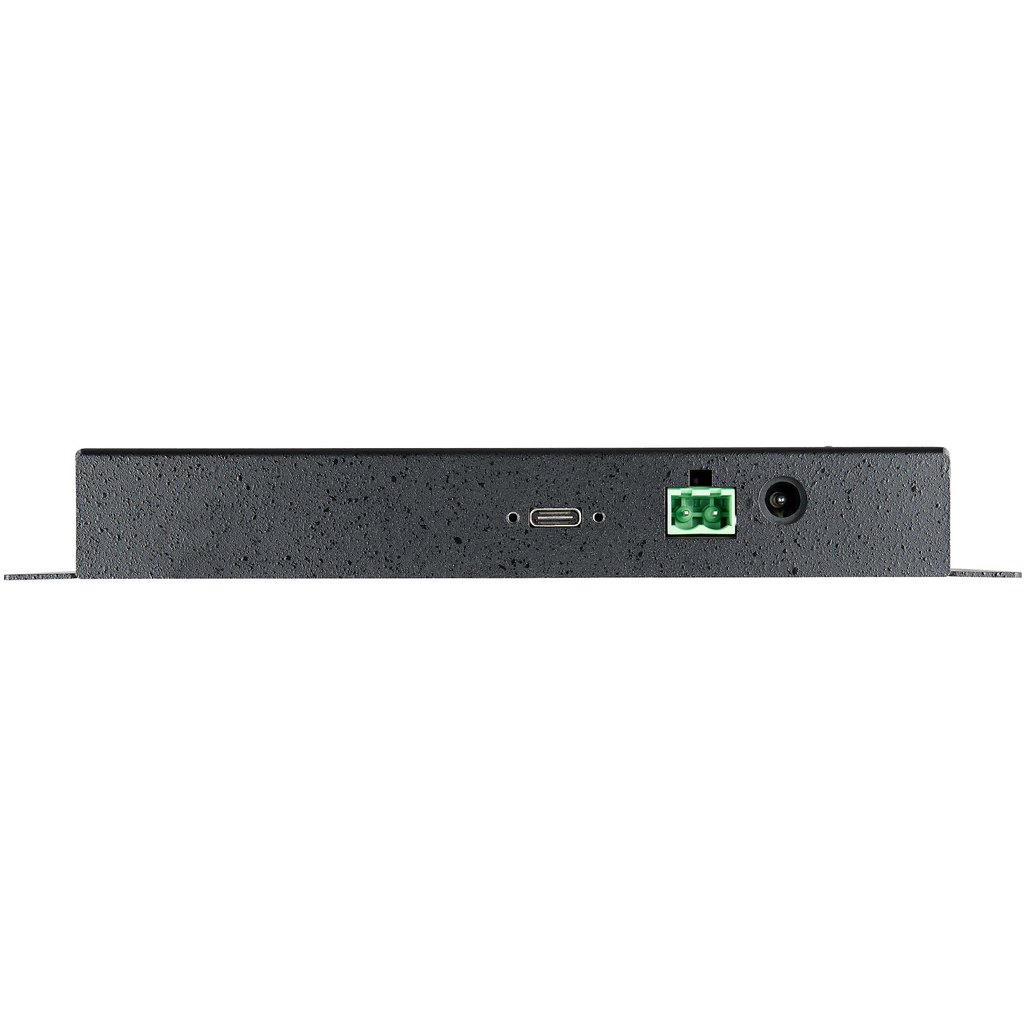 Dispositivo negro con un puerto USB-C, un puerto verde y un conector de alimentación.