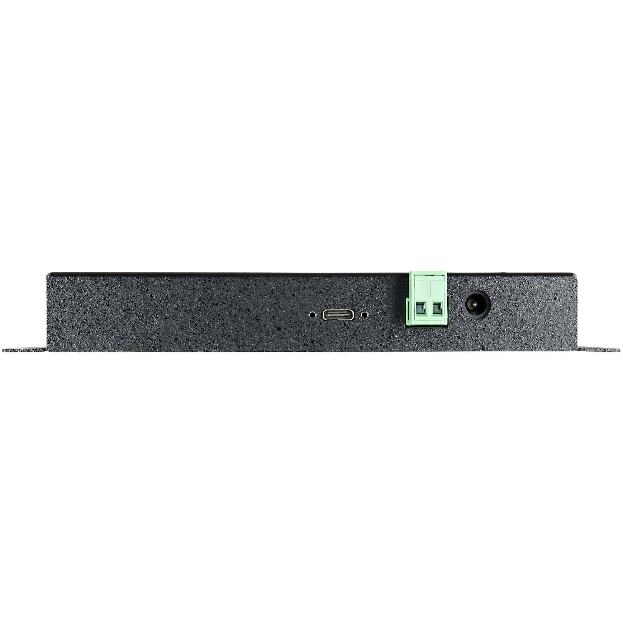 Un dispositivo electrónico negro con un conector verde y un puerto USB, fondo blanco.