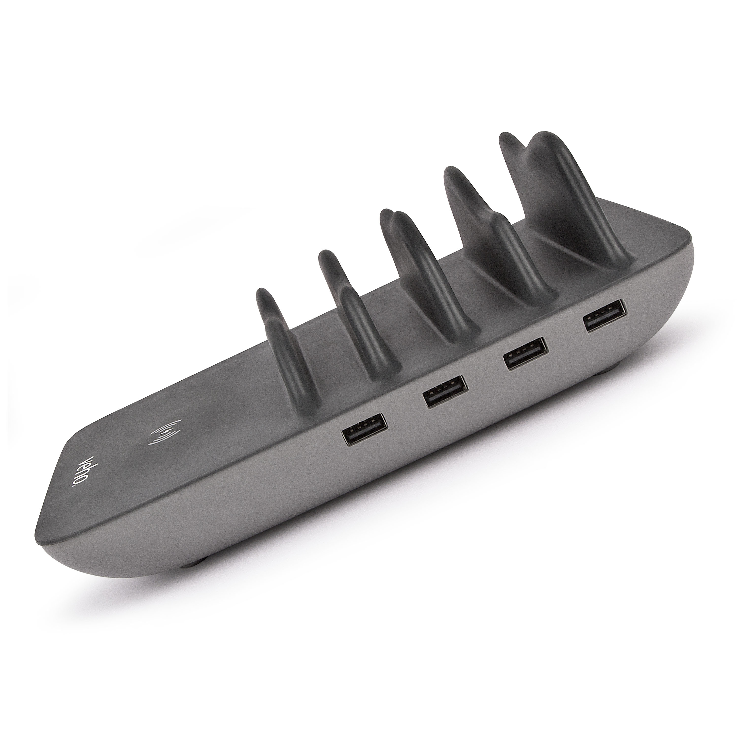 Estación de carga USB gris con cinco puertos USB. El diseño es curvo. Fondo blanco.