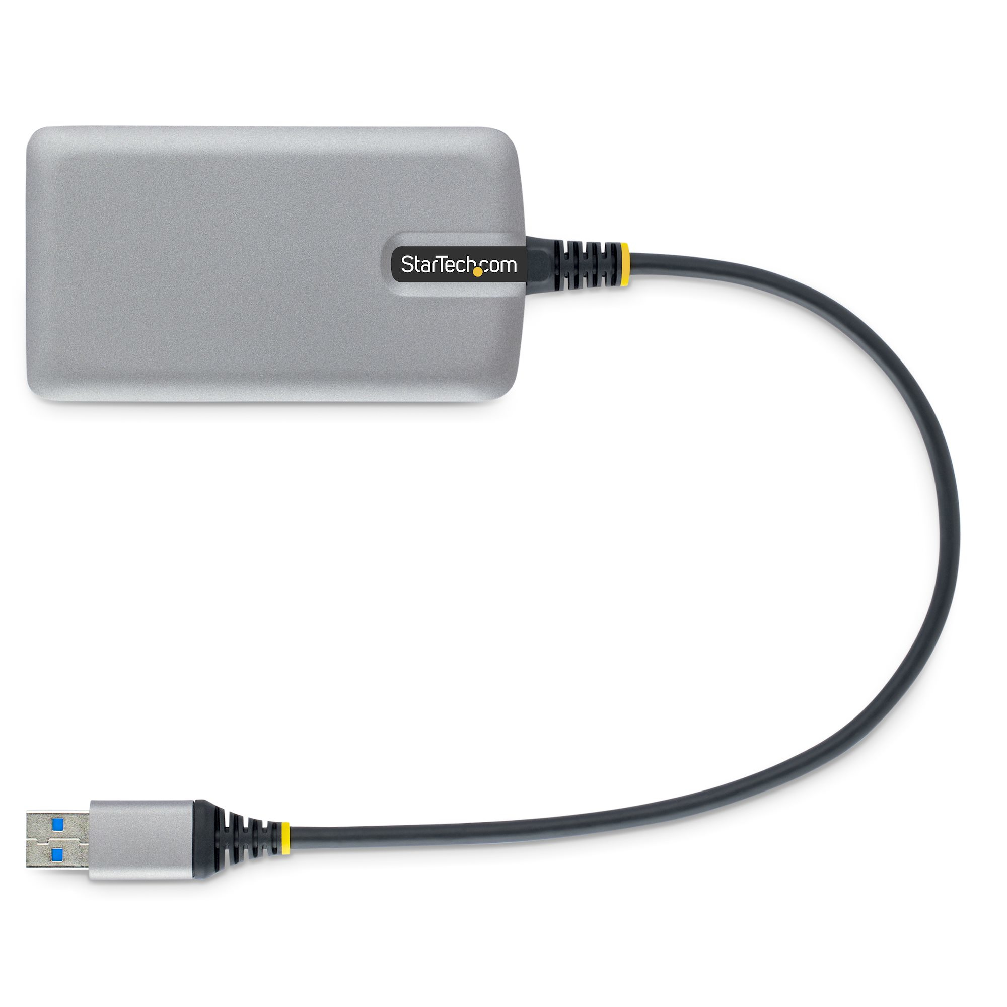 Silberner USB-Hub mit schwarzem Kabel und USB-Anschluss.