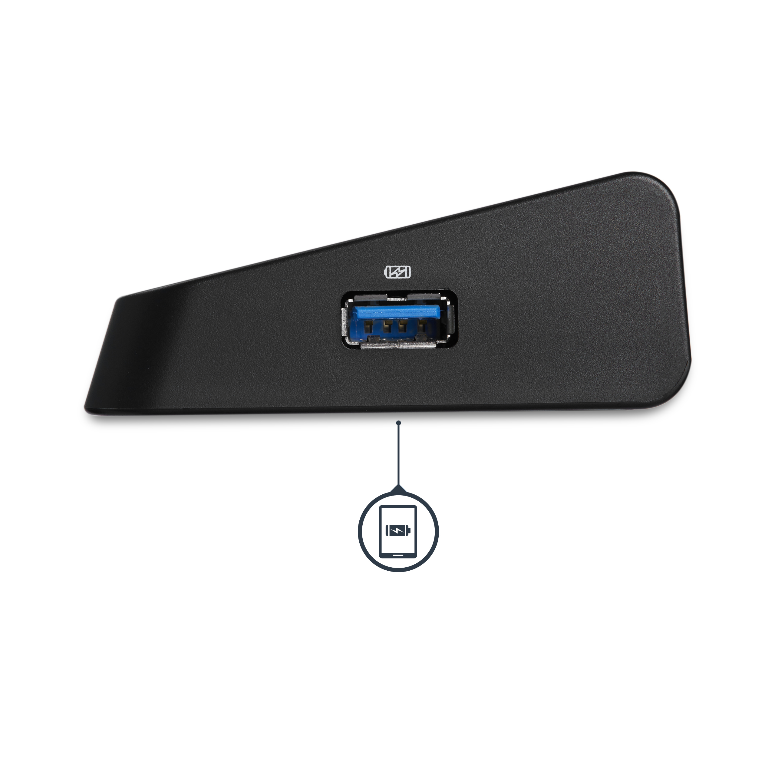 Un concentrador USB negro con un puerto USB y un icono de tableta. Está sobre un fondo blanco.