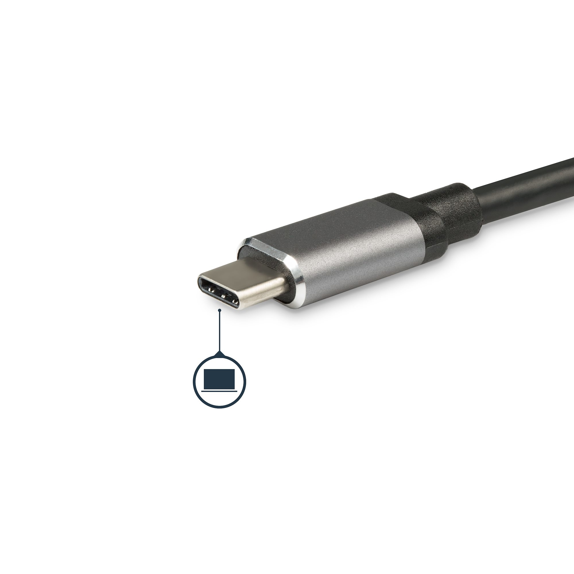Un cavo USB-C argento e nero. Viene visualizzata un'icona del tablet. È su uno sfondo bianco.