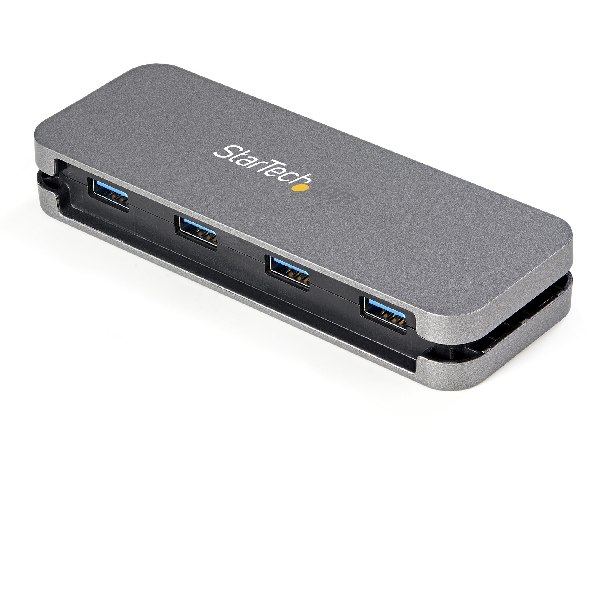 Hub USB grigio con quattro porte. Il marchio è StarTech.com. Sfondo bianco.