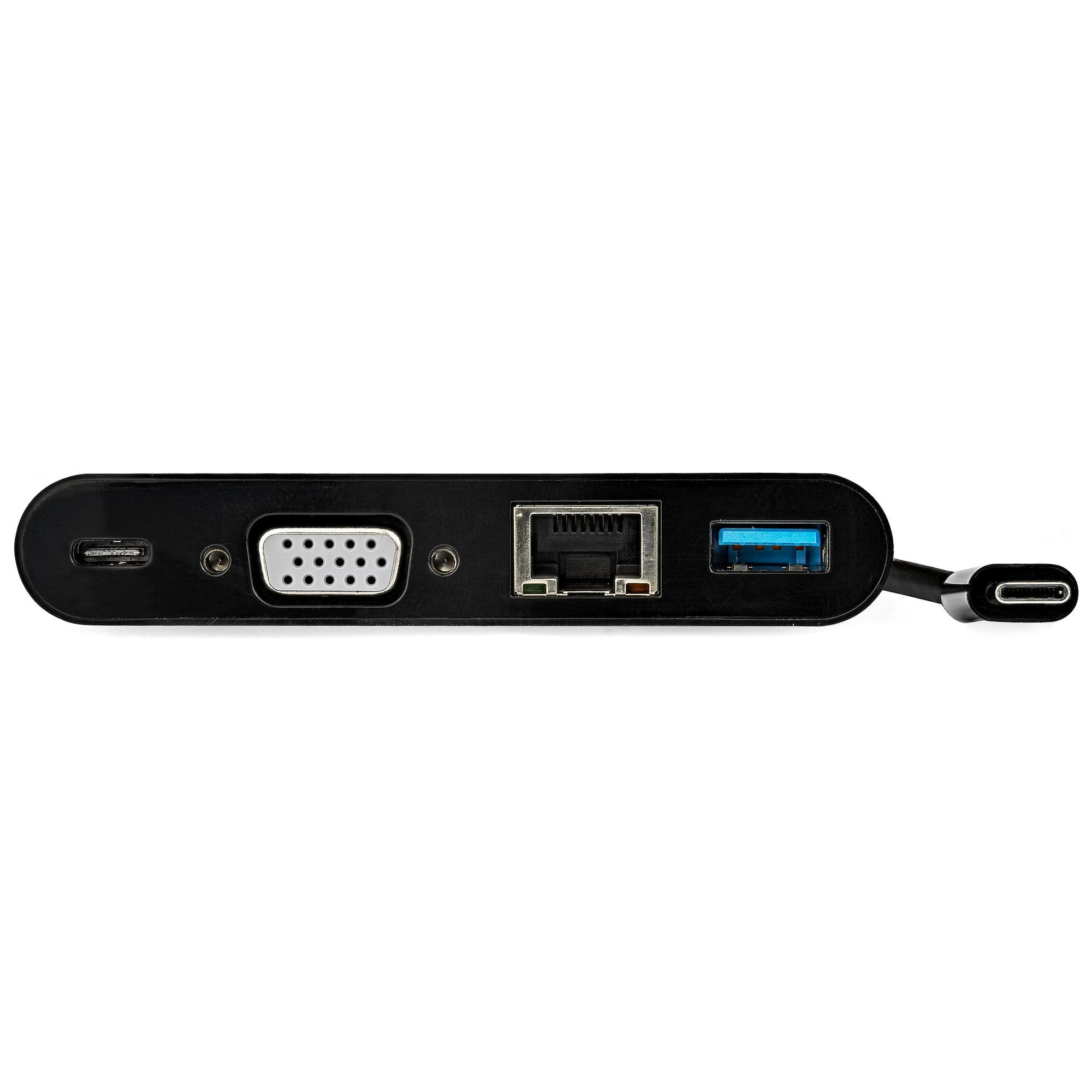 Schwarzer USB-C-Hub mit mehreren Anschlüssen: USB, VGA, Ethernet und ein weiterer USB-C-Anschluss.