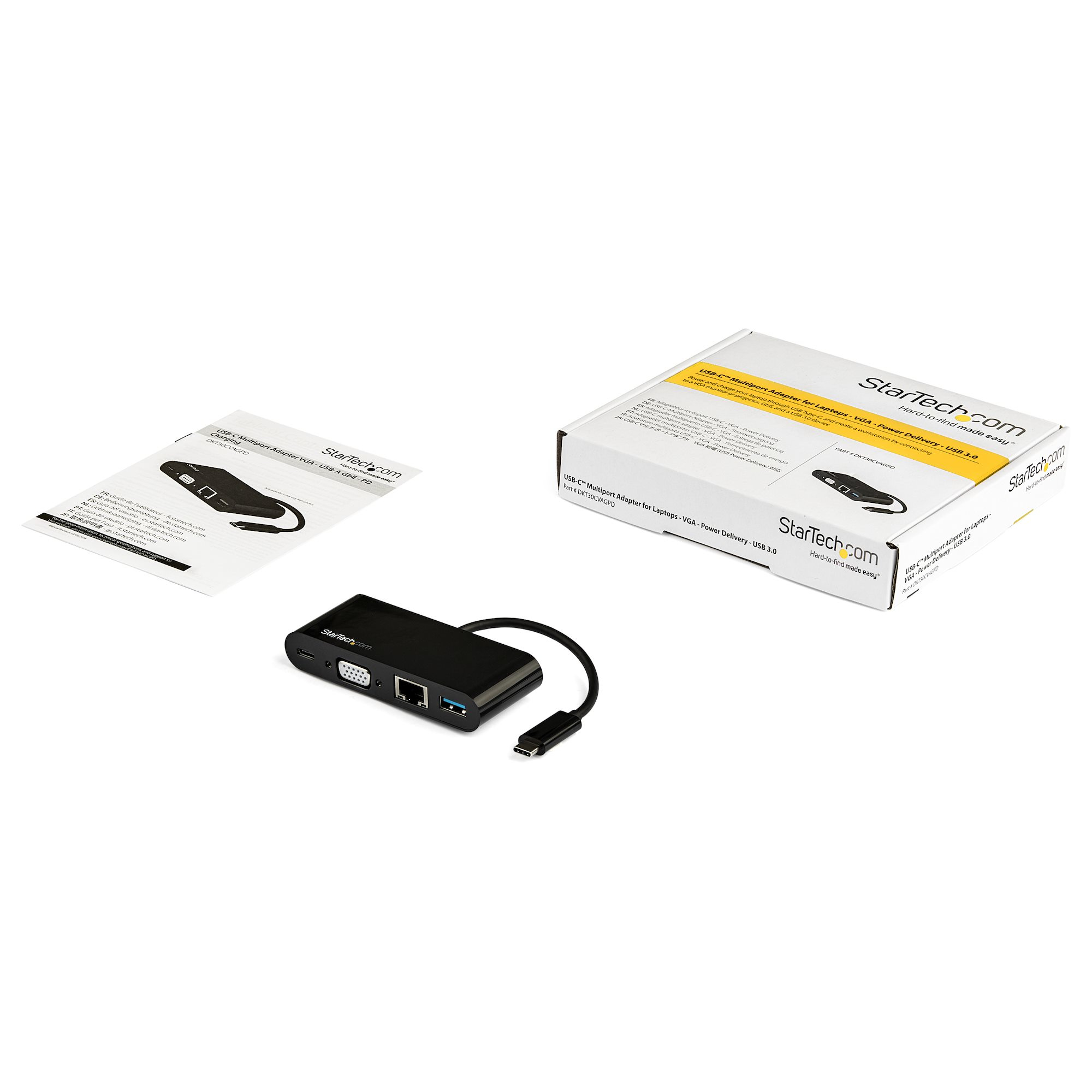 Adapter und Box. Adapter hat verschiedene Anschlüsse und Kabel. Box hat Produktinfo und Markenlogo.