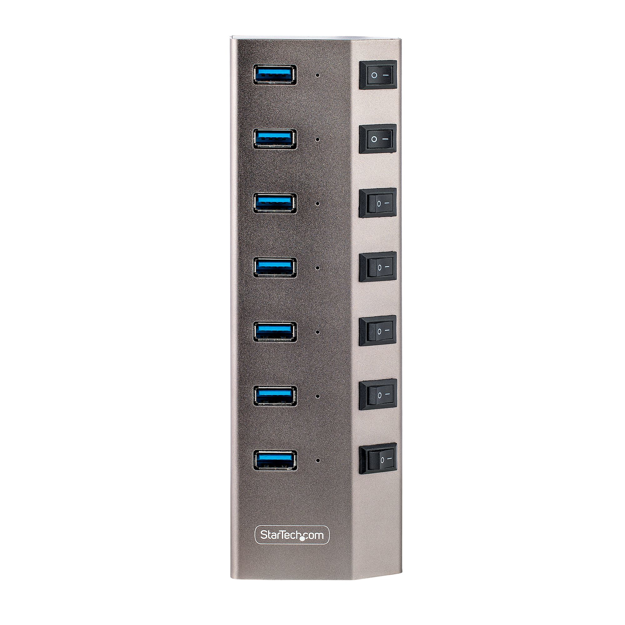 USB-Hub. Silberfarben mit mehreren USB-Anschlüssen und Netzschaltern. StarTech.com-Logo. Weißer Hintergrund.