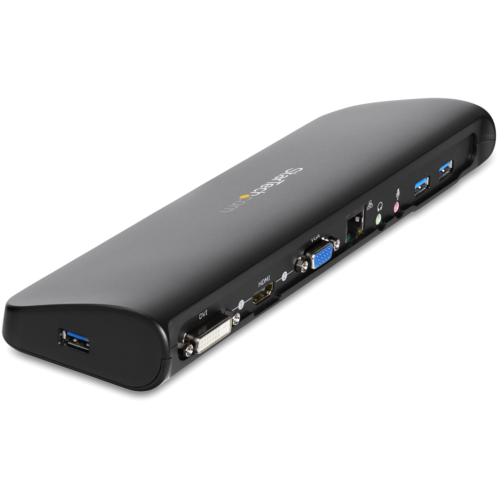 Una docking station nera con varie porte. Include USB, HDMI, DVI e jack audio.
