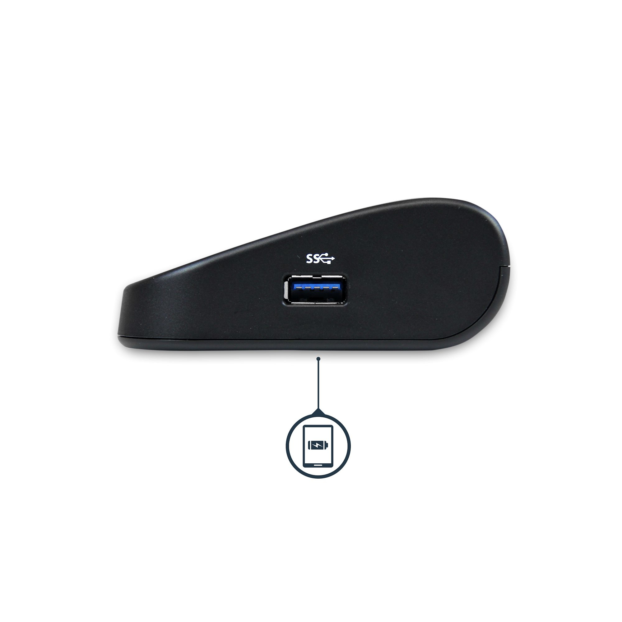 Dispositivo nero con porta USB, icona tablet sotto e la parola 'SSC'. Sfondo bianco.