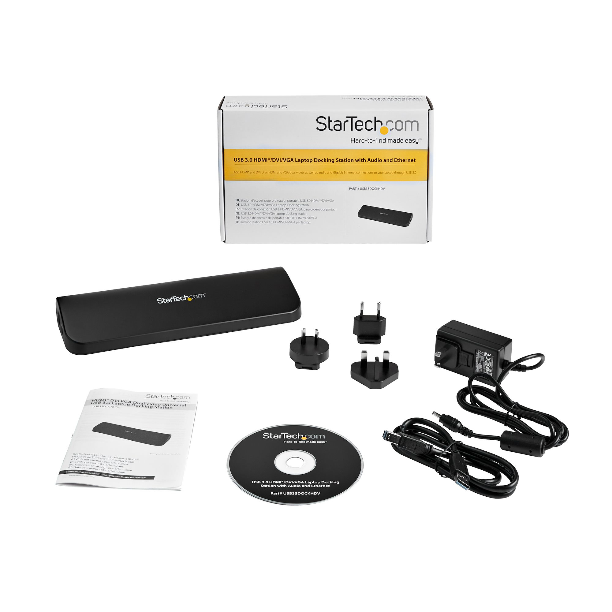 Scatola con docking station, adattatori di alimentazione e cavi, con istruzioni e disco.
