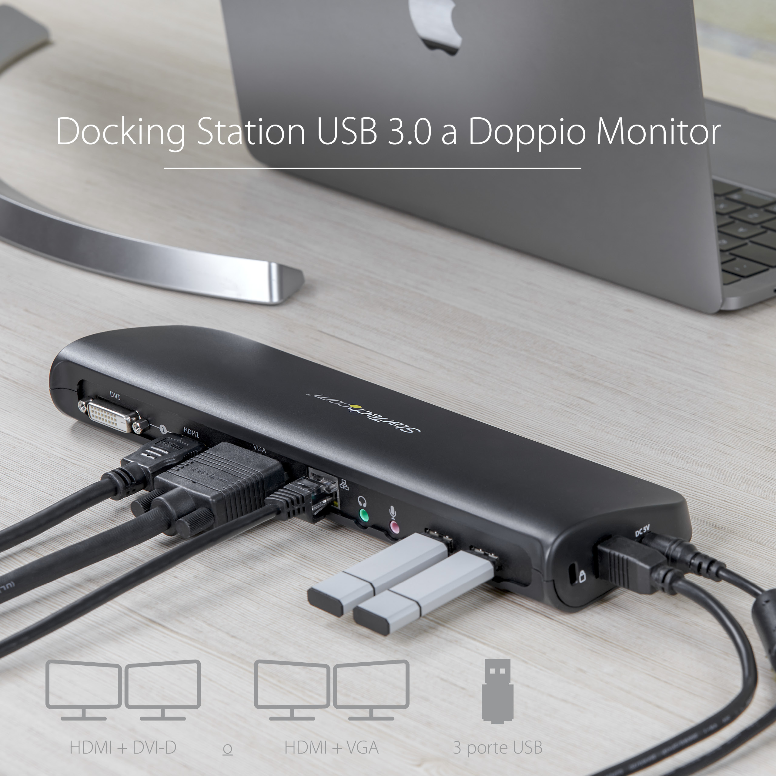 Docking station con laptop, cavi e porte. Testo: 'Docking Station USB 3.0'.