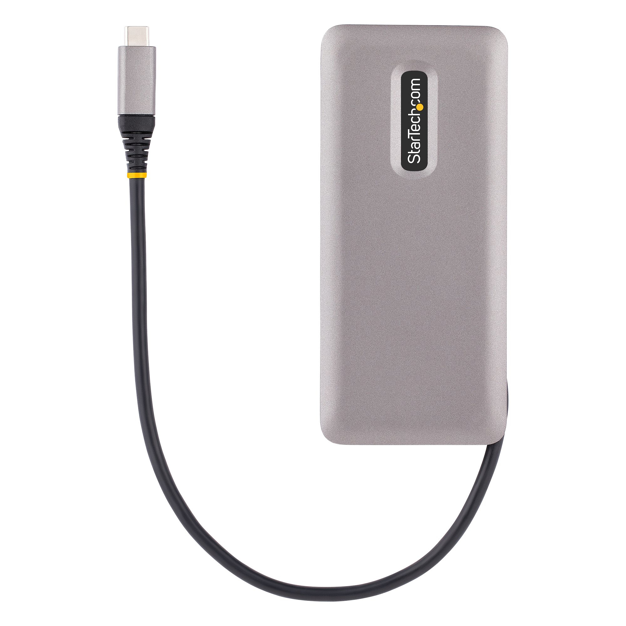 Graues StarTech-Gerät mit USB-C-Kabel. Das Kabel hat einen gelben Streifen am Ende.