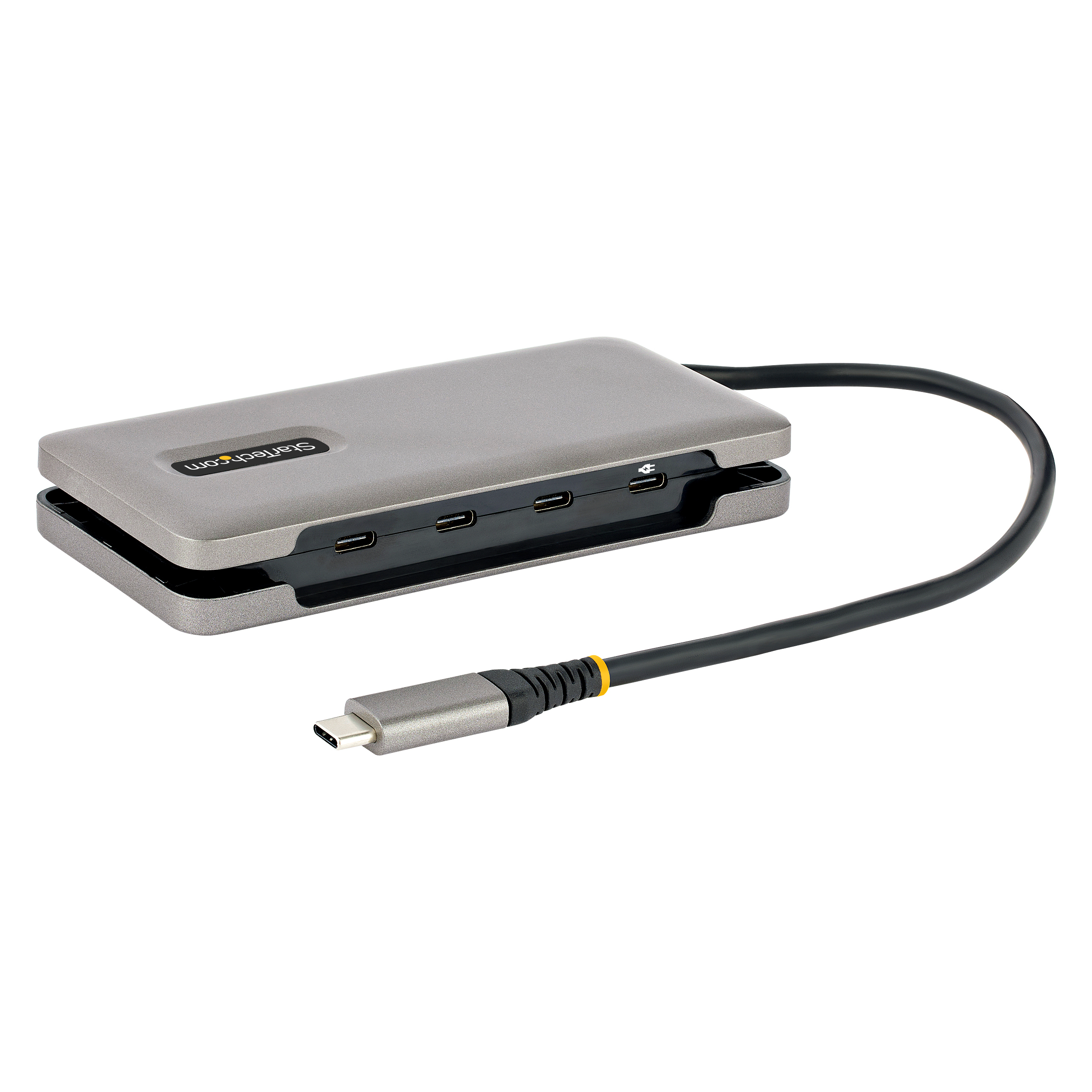 Ein grauer StarTech.com USB-C Hub mit mehreren Anschlüssen und einem schwarzen Kabel.