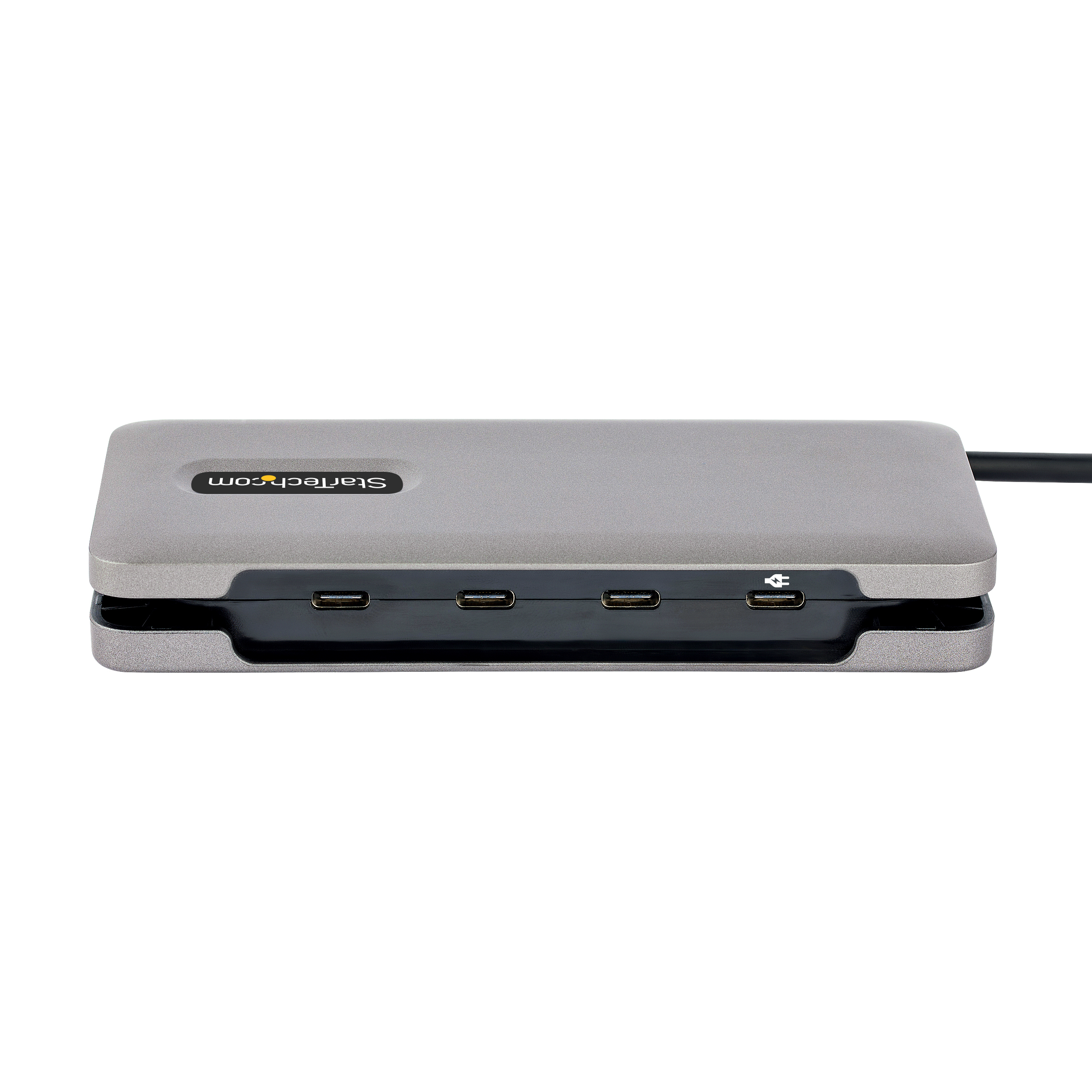 Ein silberner USB-Hub mit mehreren Anschlüssen, auf weißem Hintergrund. Startech.com ist sichtbar.