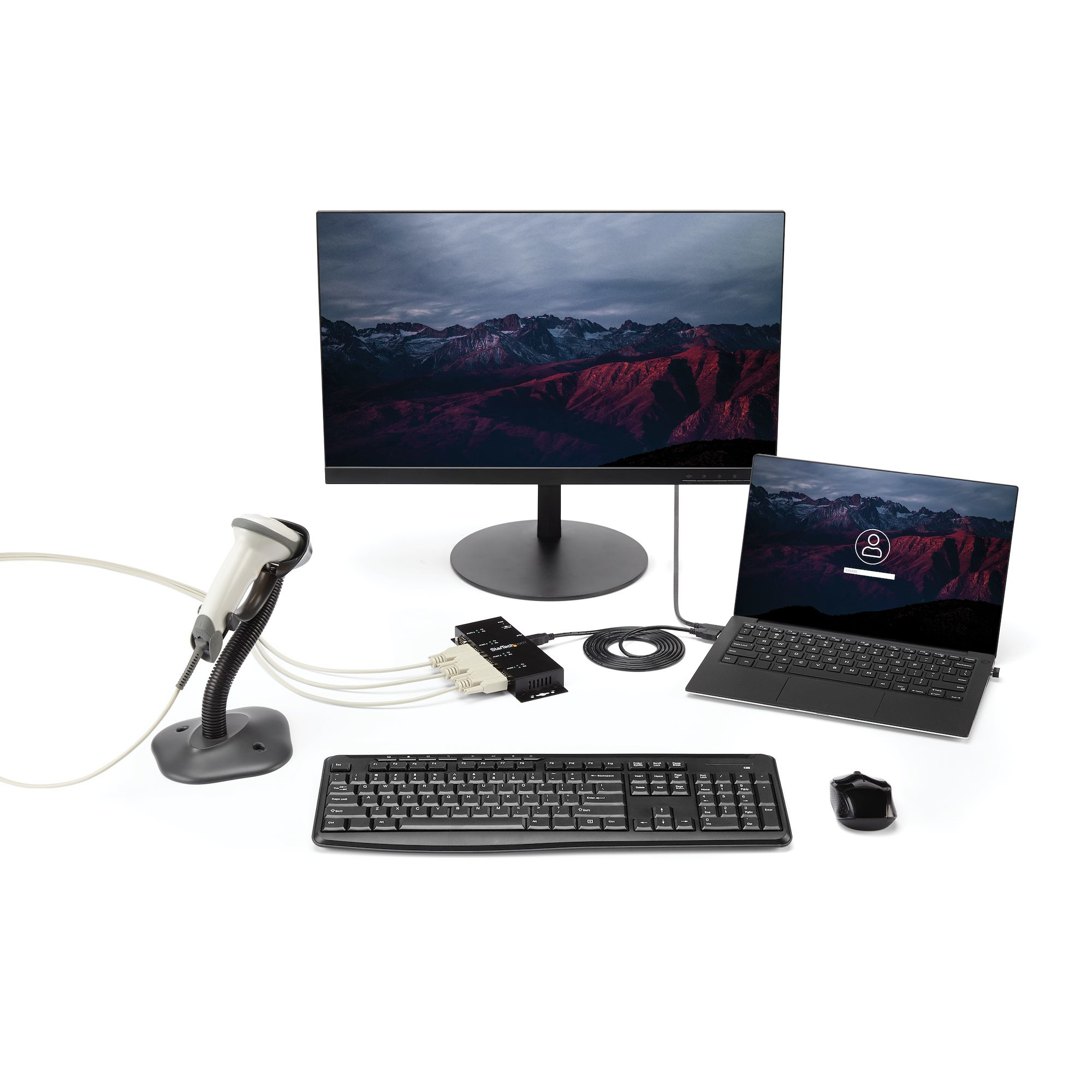 Configuración de escritorio: Monitor, portátil, escáner, teclado, ratón.