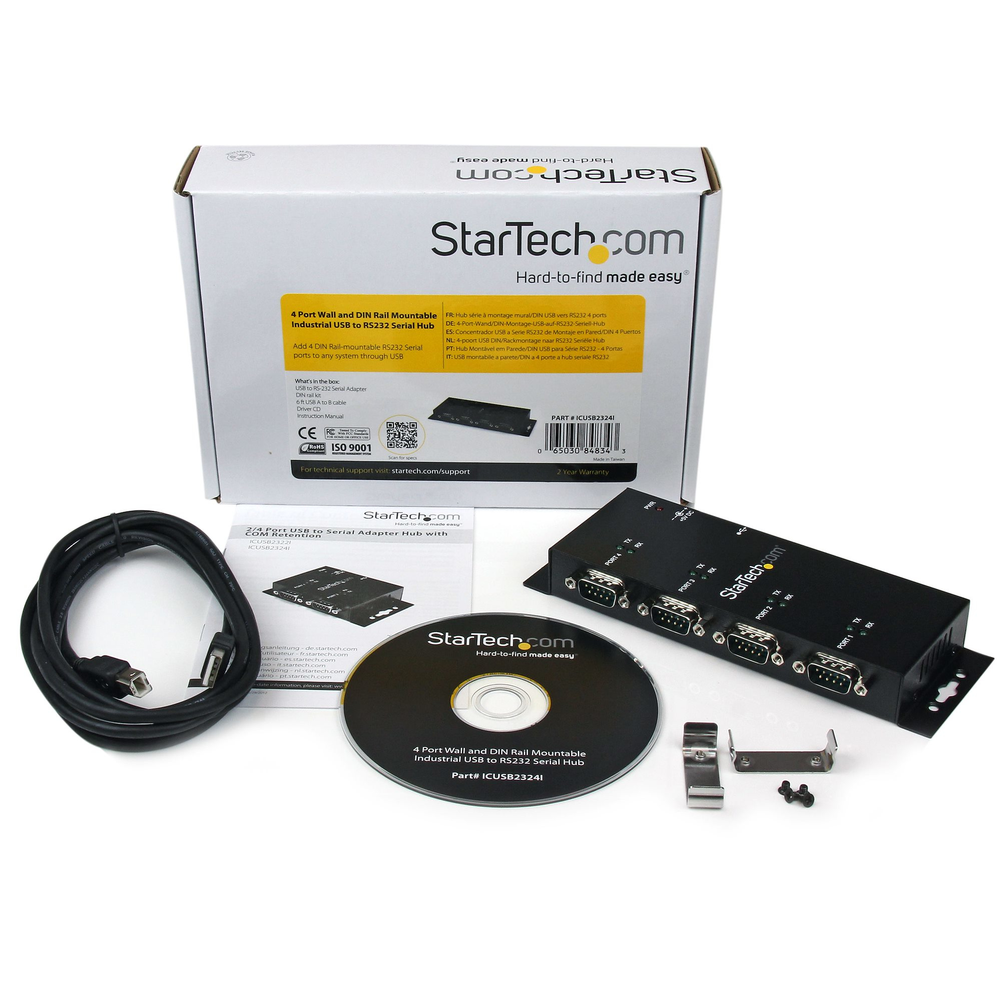 Kit de adaptador serie a USB de 4 puertos StarTech.com. Incluye adaptador, cables y CD-ROM.