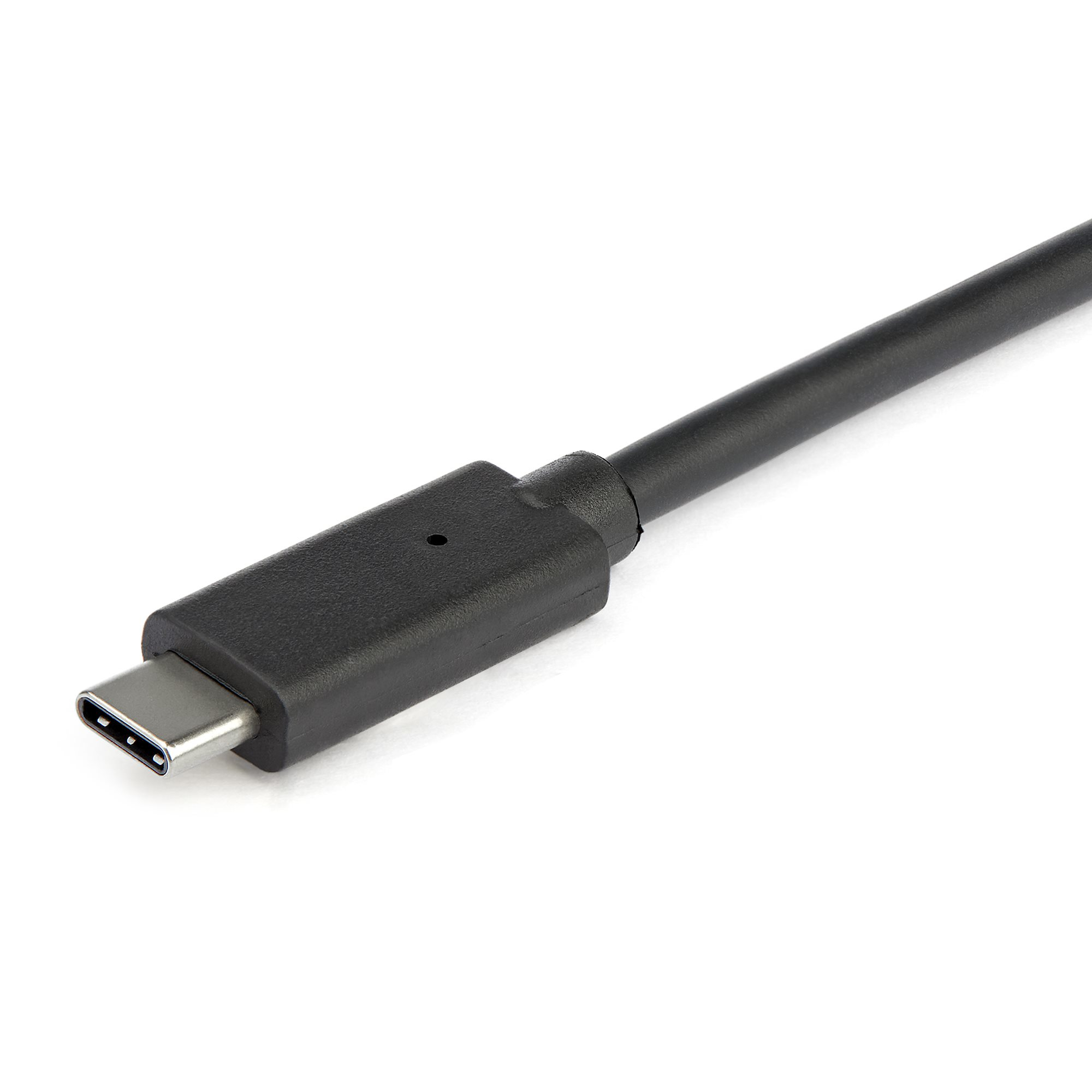 Ein schwarzes USB-C-Kabel mit einem schwarzen Stecker auf weißem Hintergrund.