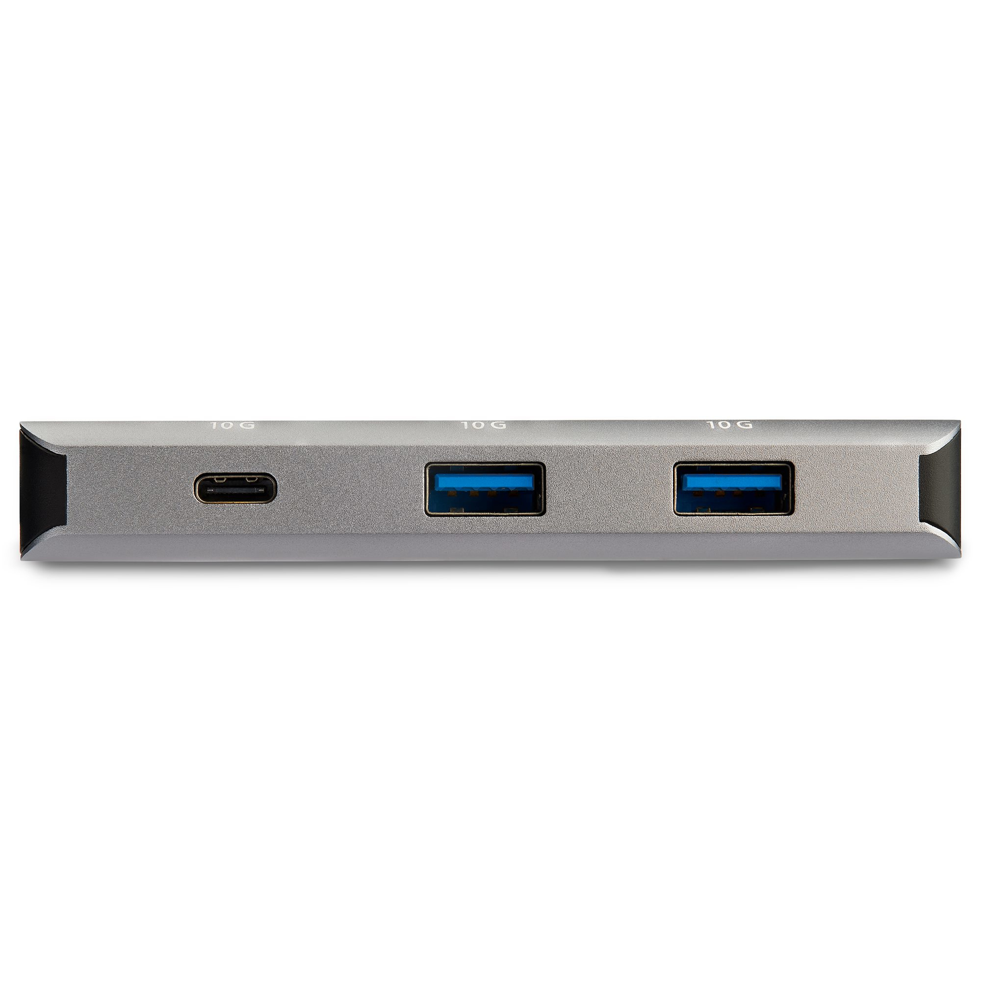 Silberner USB-Hub mit USB-C-Anschluss und zwei USB-Anschlüssen. Text: 10 G.