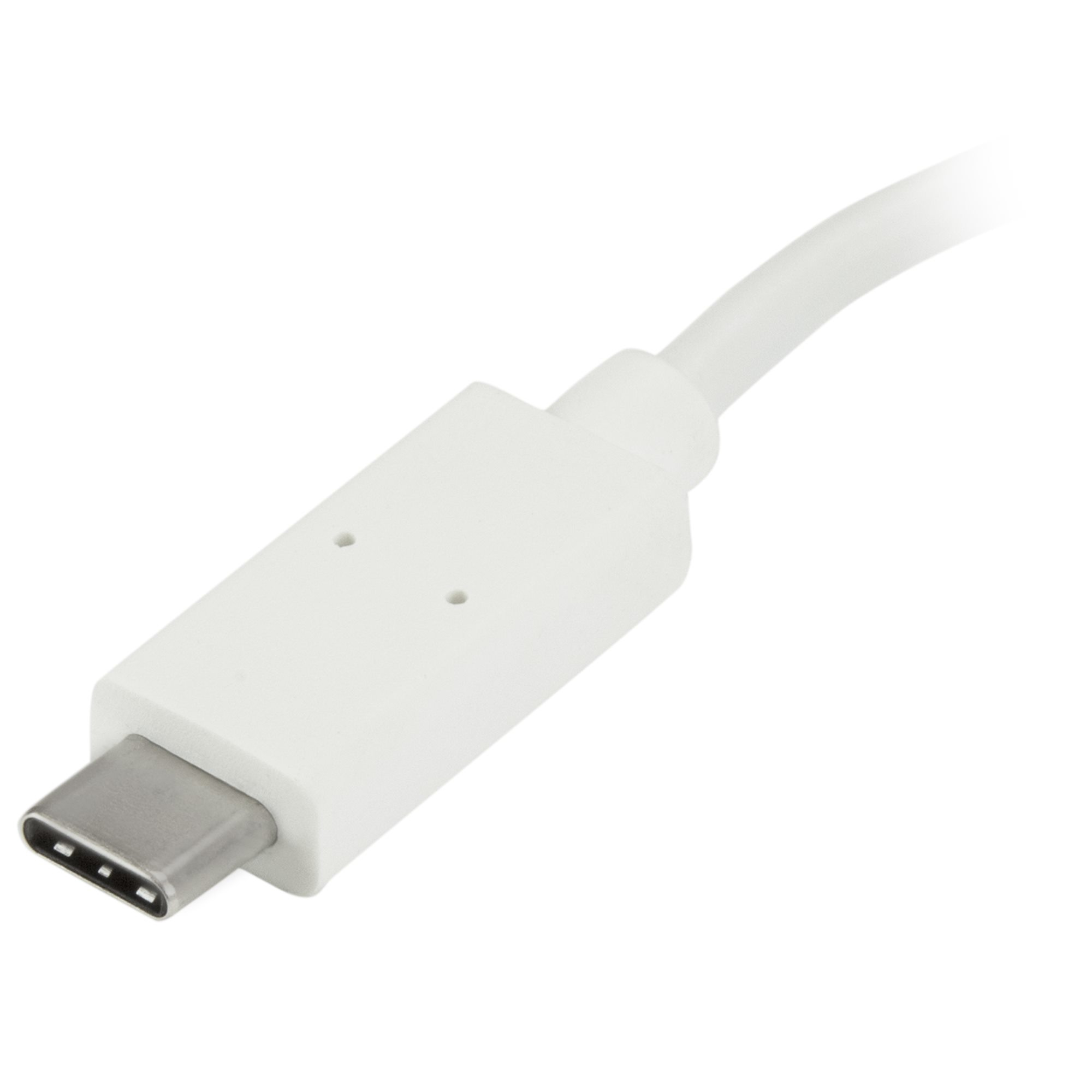 Weißer USB-C-Anschluss. Er hat eine metallische Spitze und ist mit einem weißen Kabel verbunden.