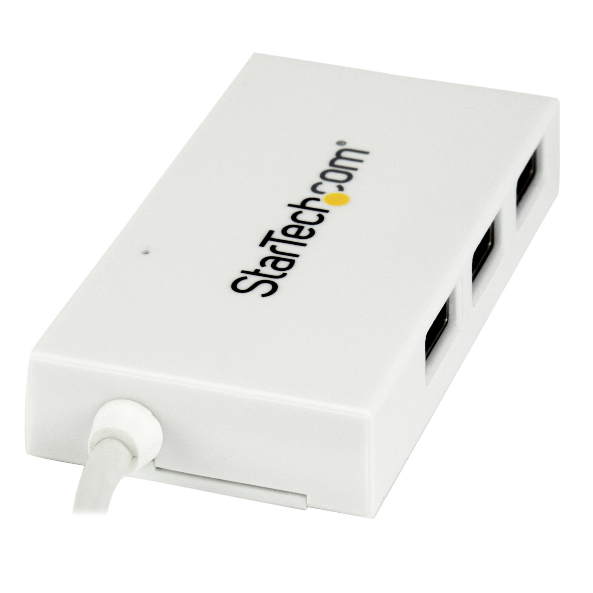 Weißer StarTech USB-Hub mit 3 USB-Anschlüssen und einem Kabel. Es befindet sich auf weißem Hintergrund.