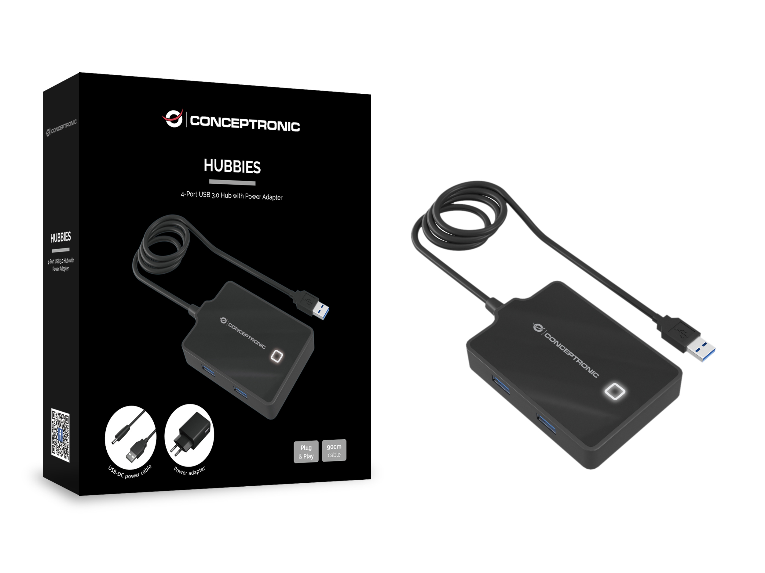 Hub USB 3.0 Conceptronic Hubbies nero con adattatore di alimentazione e cavo.