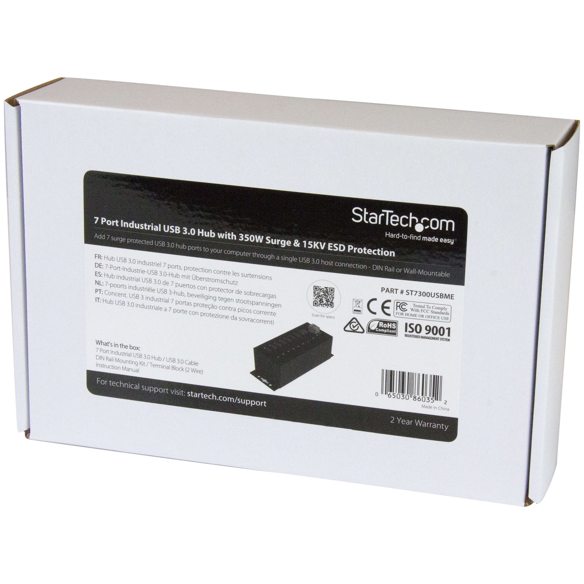 Una caja blanca con las palabras "7 Port Industrial USB 3.0 Hub" y la marca StarTech.com.